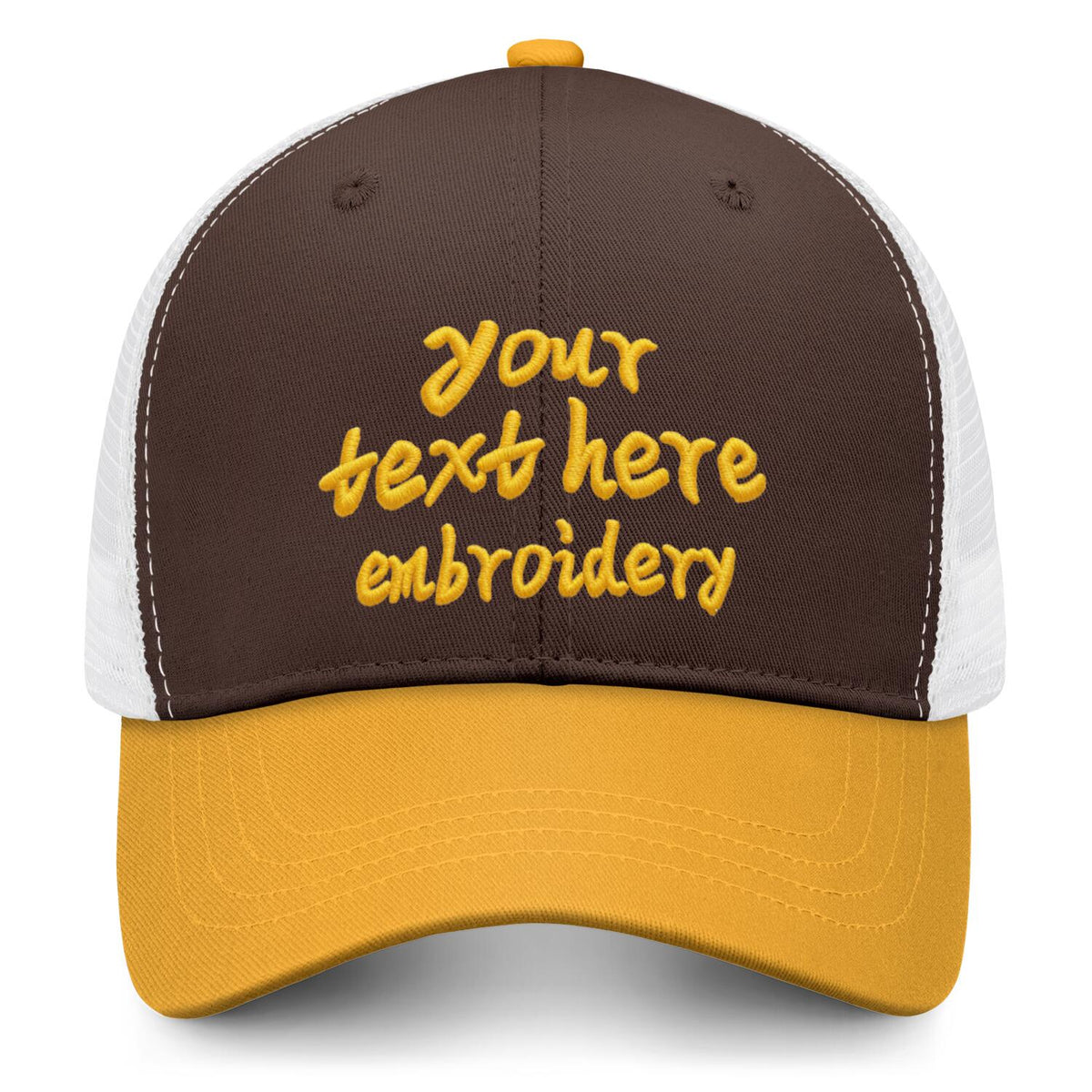 Vosoli Dark Brown & Gold Two-Tone Baseball Trucker Hat - Unisex Custom 3D Embroidery or Print