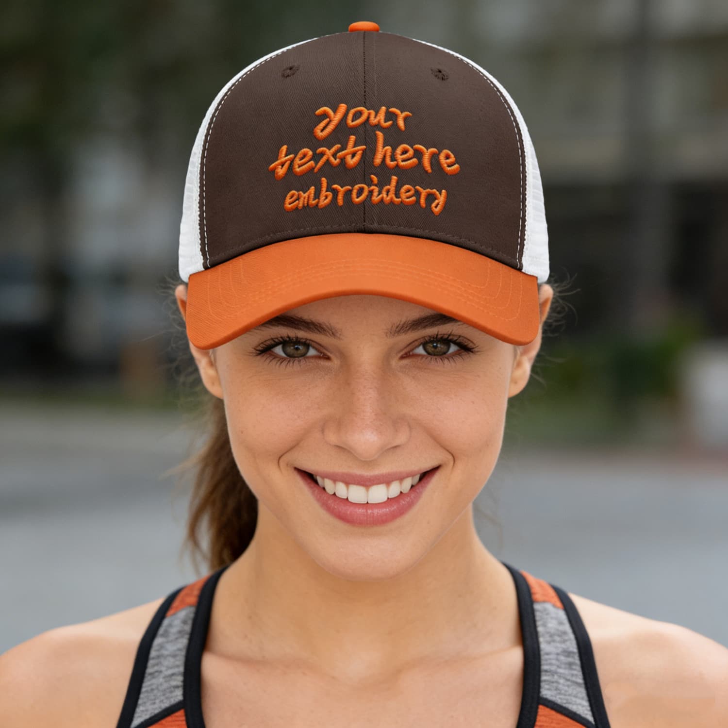 Vosoli Dark Brown & Orange Two-Tone Baseball Trucker Hat - Unisex Custom 3D Embroidery or Print