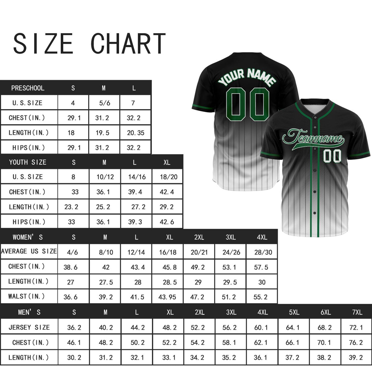 VOSOLI Dark Forest Green & Black Gradient Pinstripe Baseball Jersey