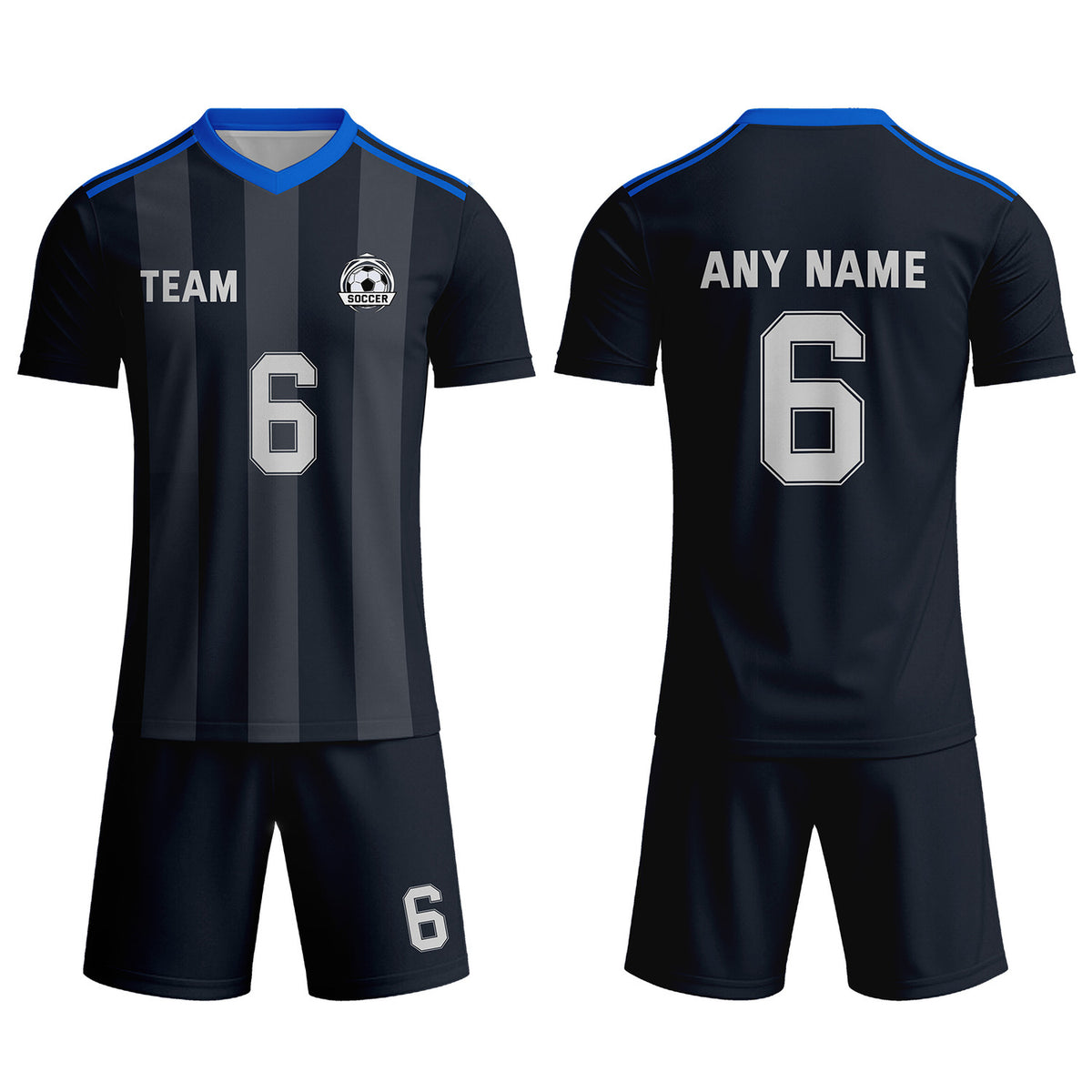Custom Dark Grey &amp; Black-Blue Striped Soccer Uniform Set for Teams &amp; Individuals | Vosoli