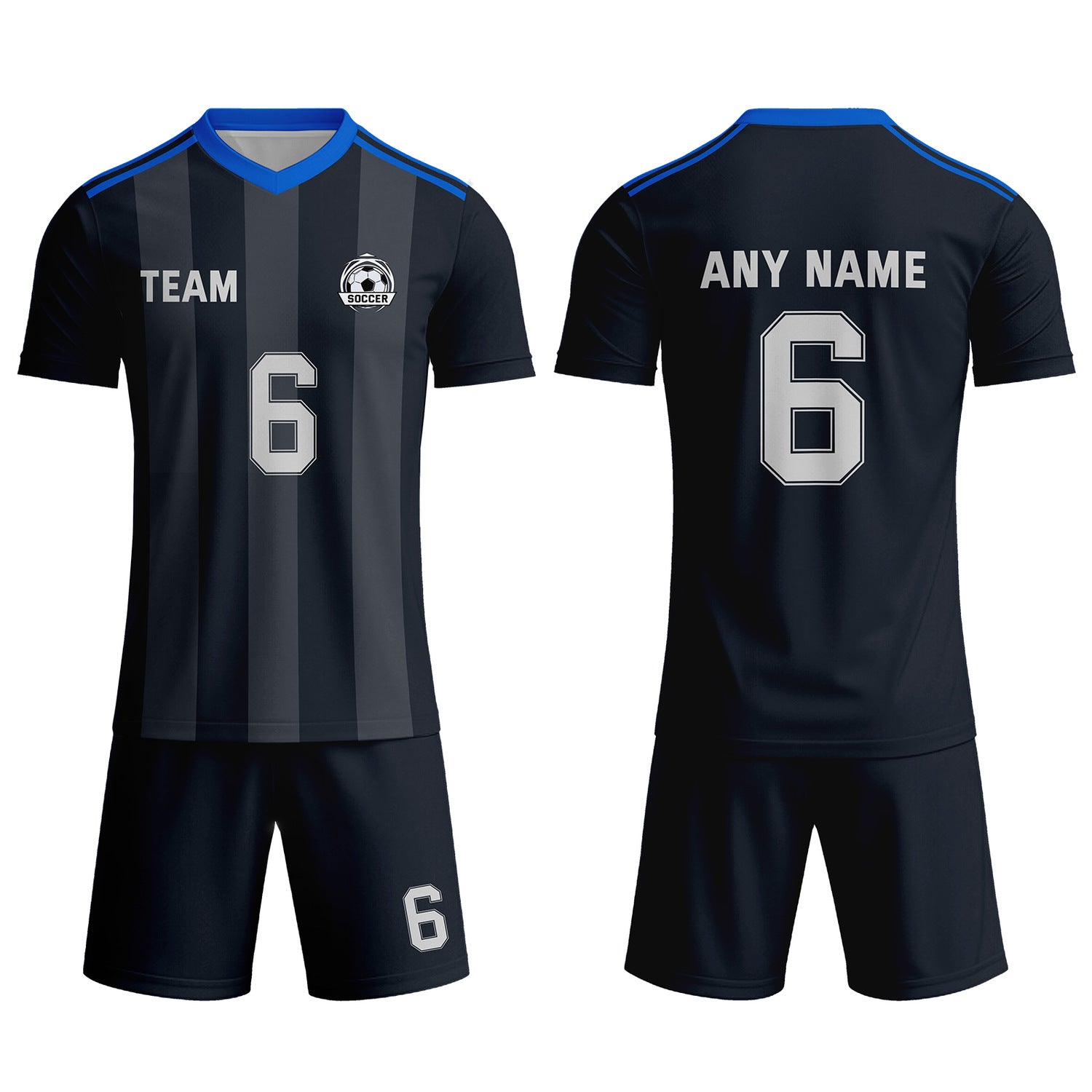 Custom Dark Grey & Black-Blue Striped Soccer Uniform Set for Teams & Individuals | Vosoli