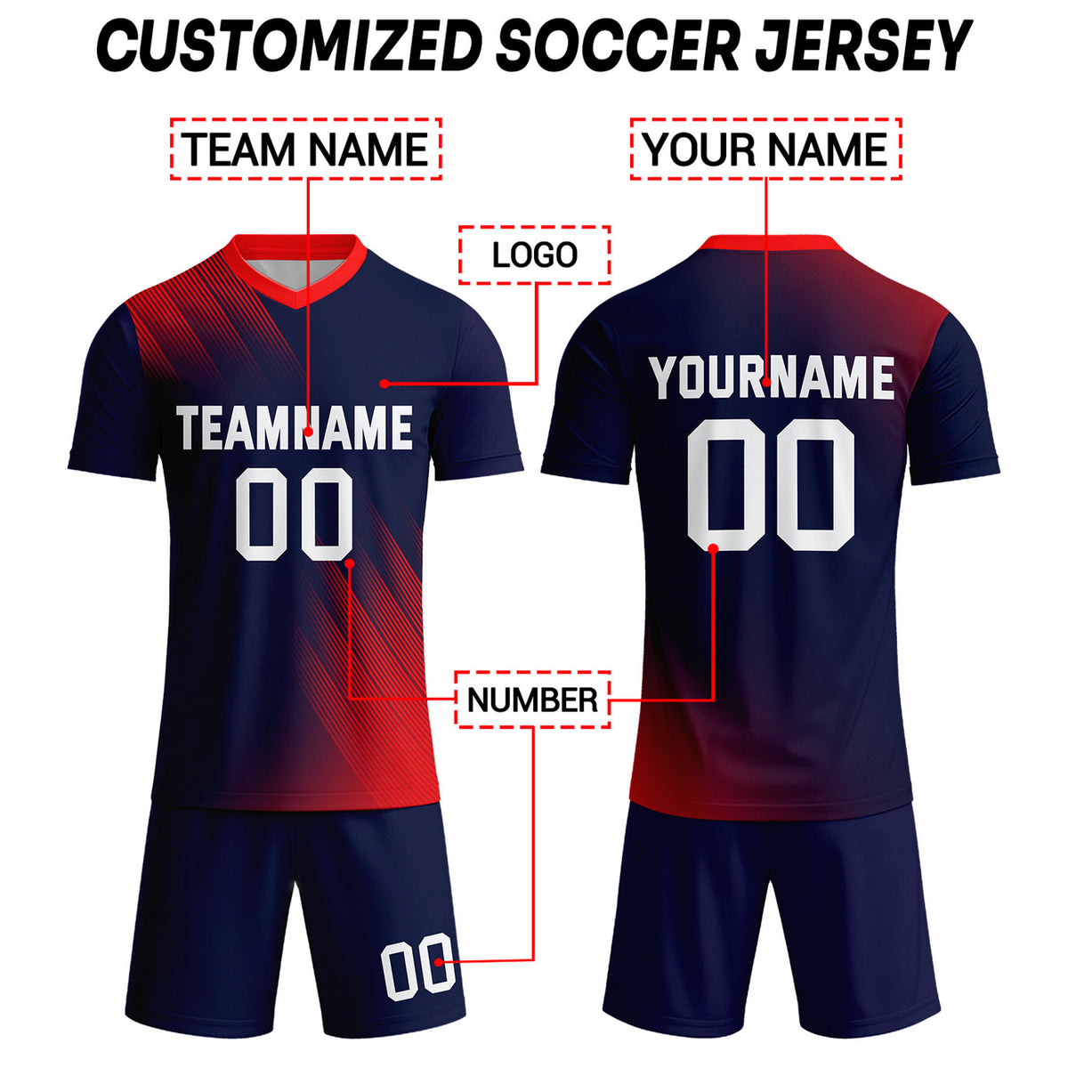 Custom Dark Navy & Red Stripe Soccer Uniform Set for Teams & Individuals | Vosoli