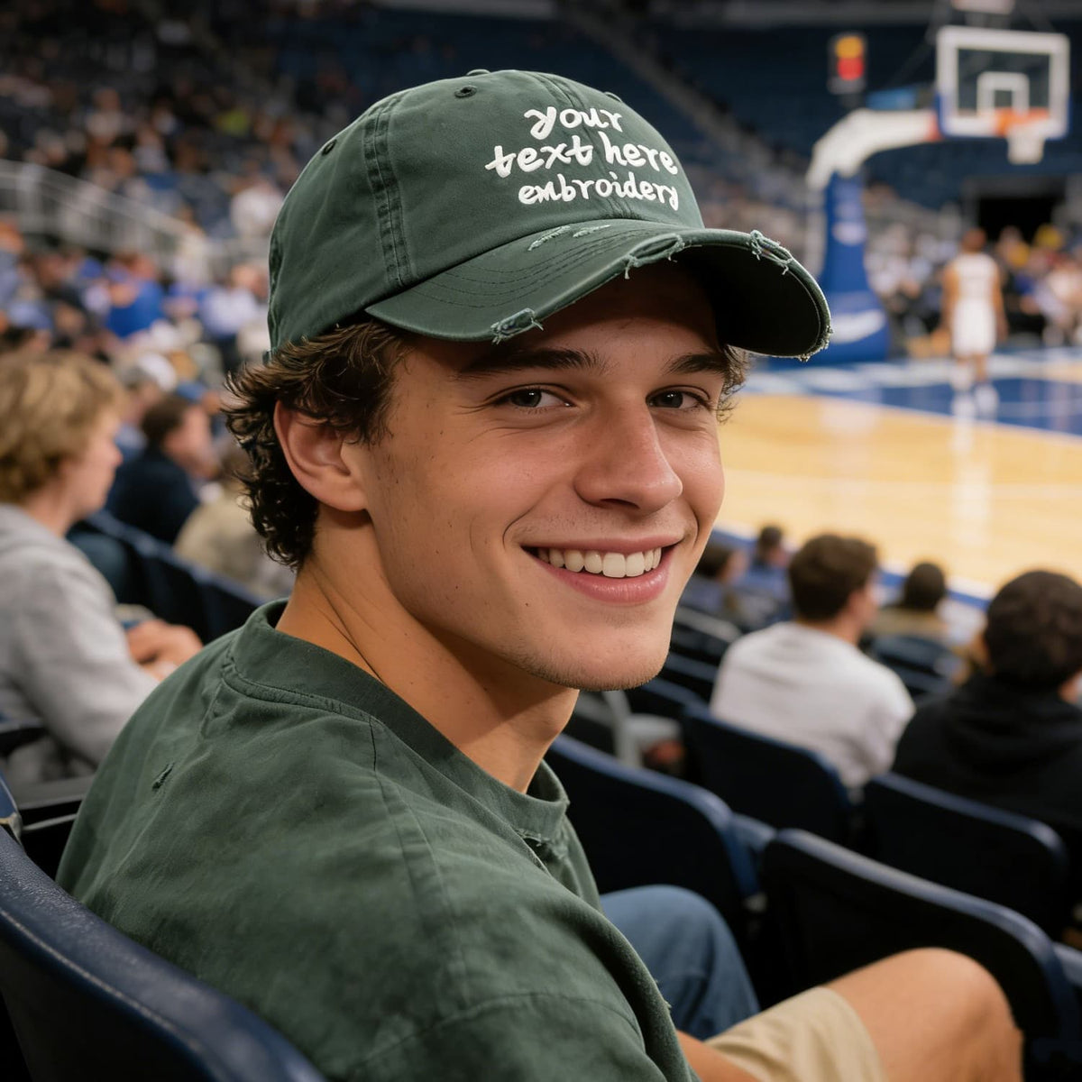 Vosoli Dark Olive Distressed Denim Baseball Cap - Team Custom Embroider or Print Personalized Hat