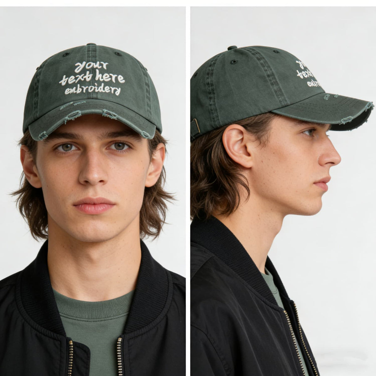 Vosoli Dark Olive Distressed Denim Baseball Cap - Team Custom Embroider or Print Personalized Hat