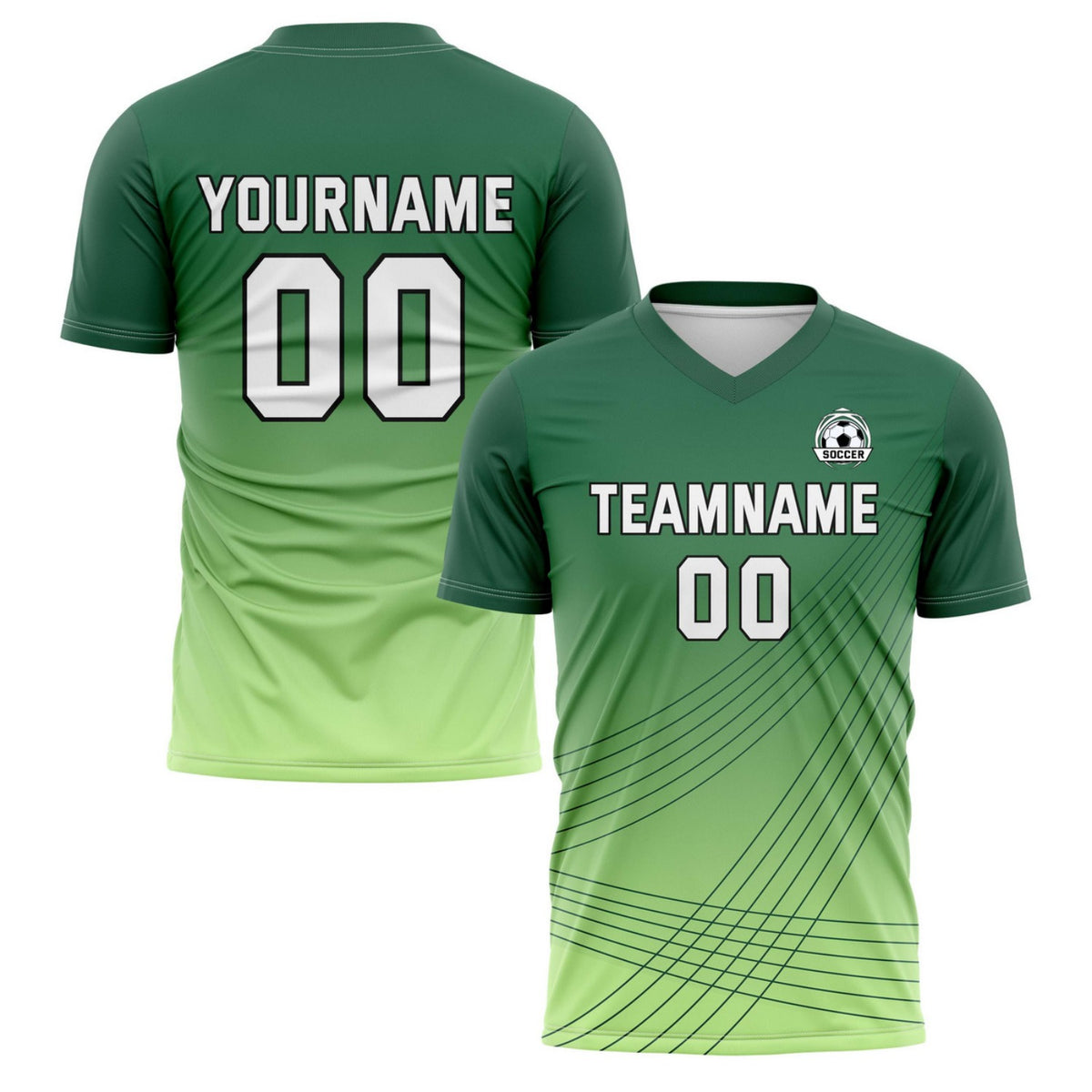 Custom Dark-to-Light Green Gradient Soccer Jersey - Personalized Team Name &amp; Player Number | Vosoli