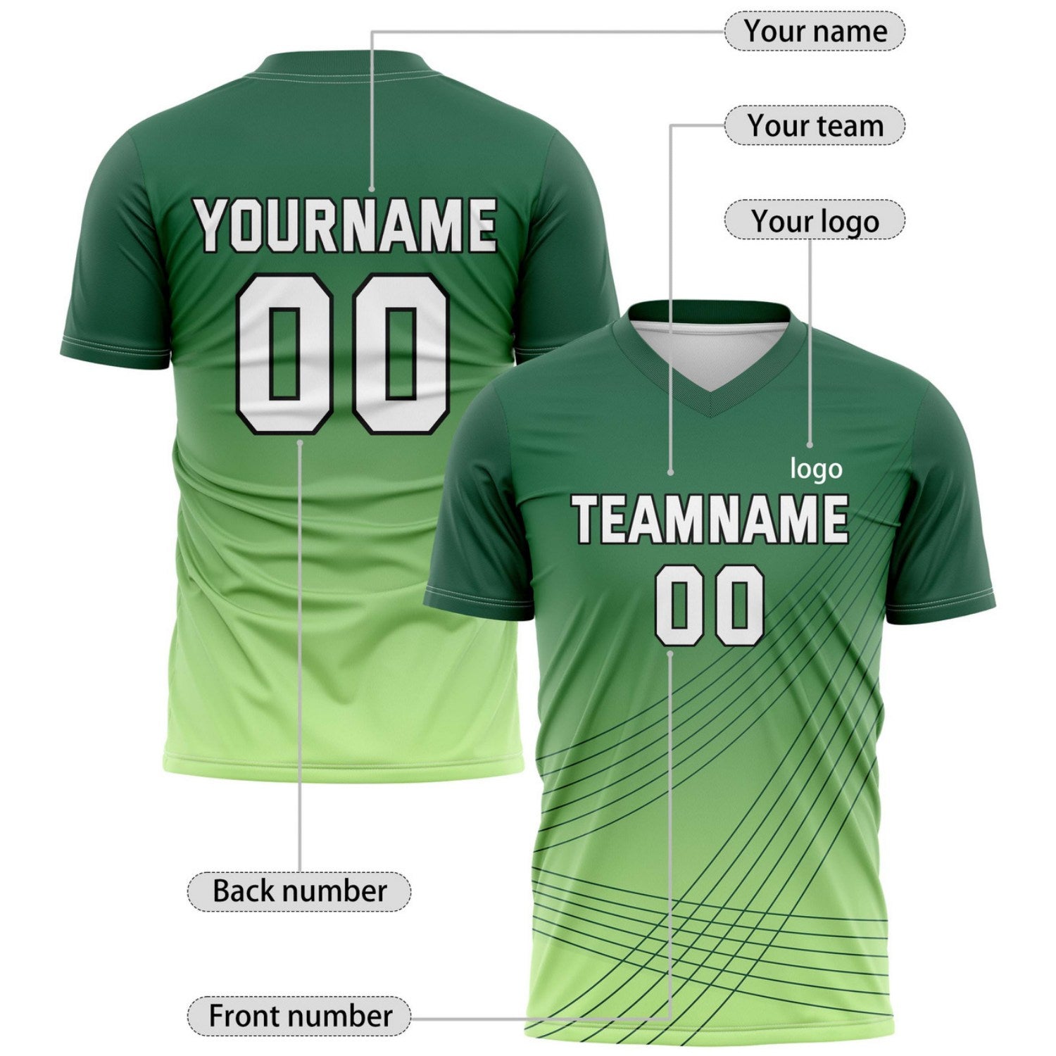 Custom Dark-to-Light Green Gradient Soccer Jersey - Personalized Team Name & Player Number | Vosoli