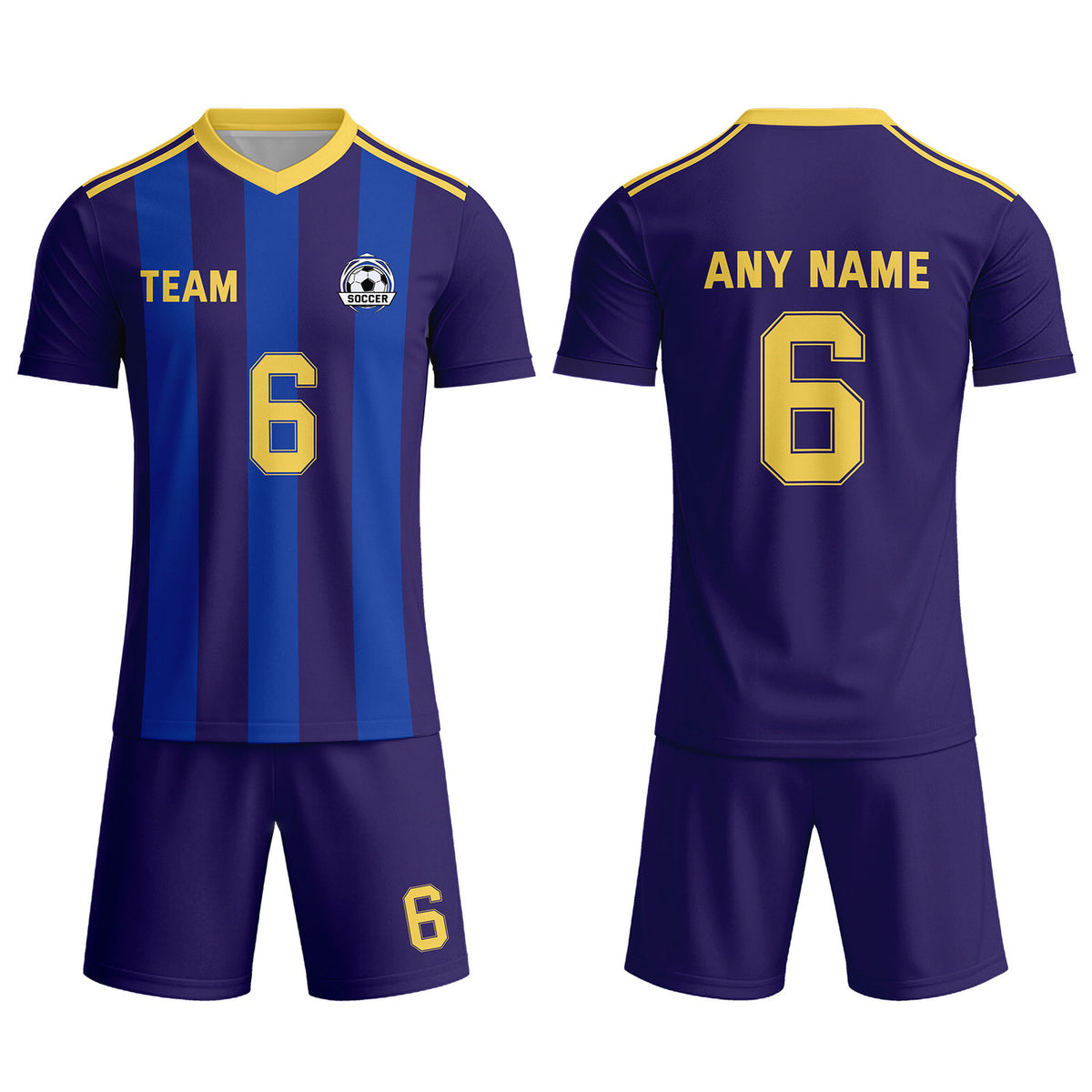 Custom Deep Purple &amp; Blue-Gold Striped Soccer Uniform Set for Teams &amp; Individuals | Vosoli