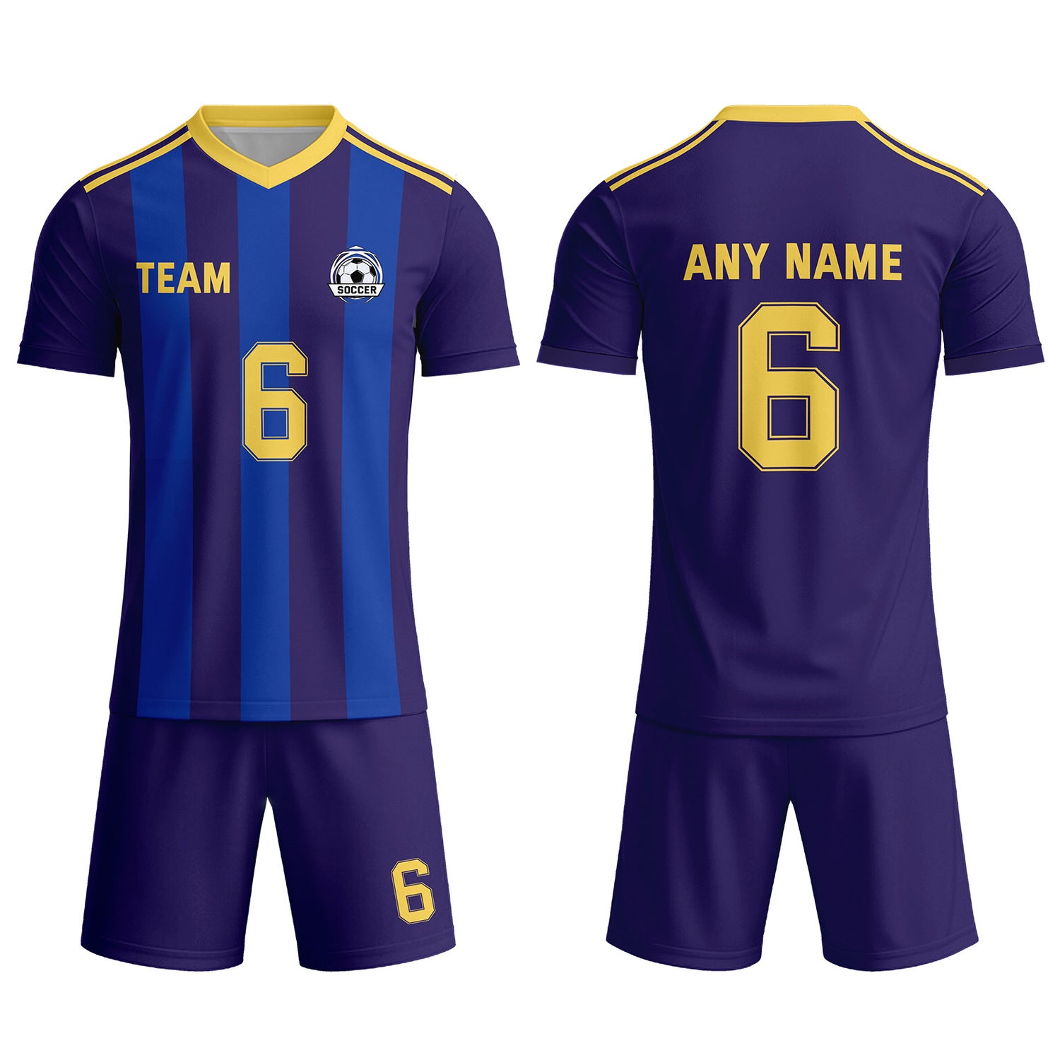 Custom Deep Purple & Blue-Gold Striped Soccer Uniform Set for Teams & Individuals | Vosoli