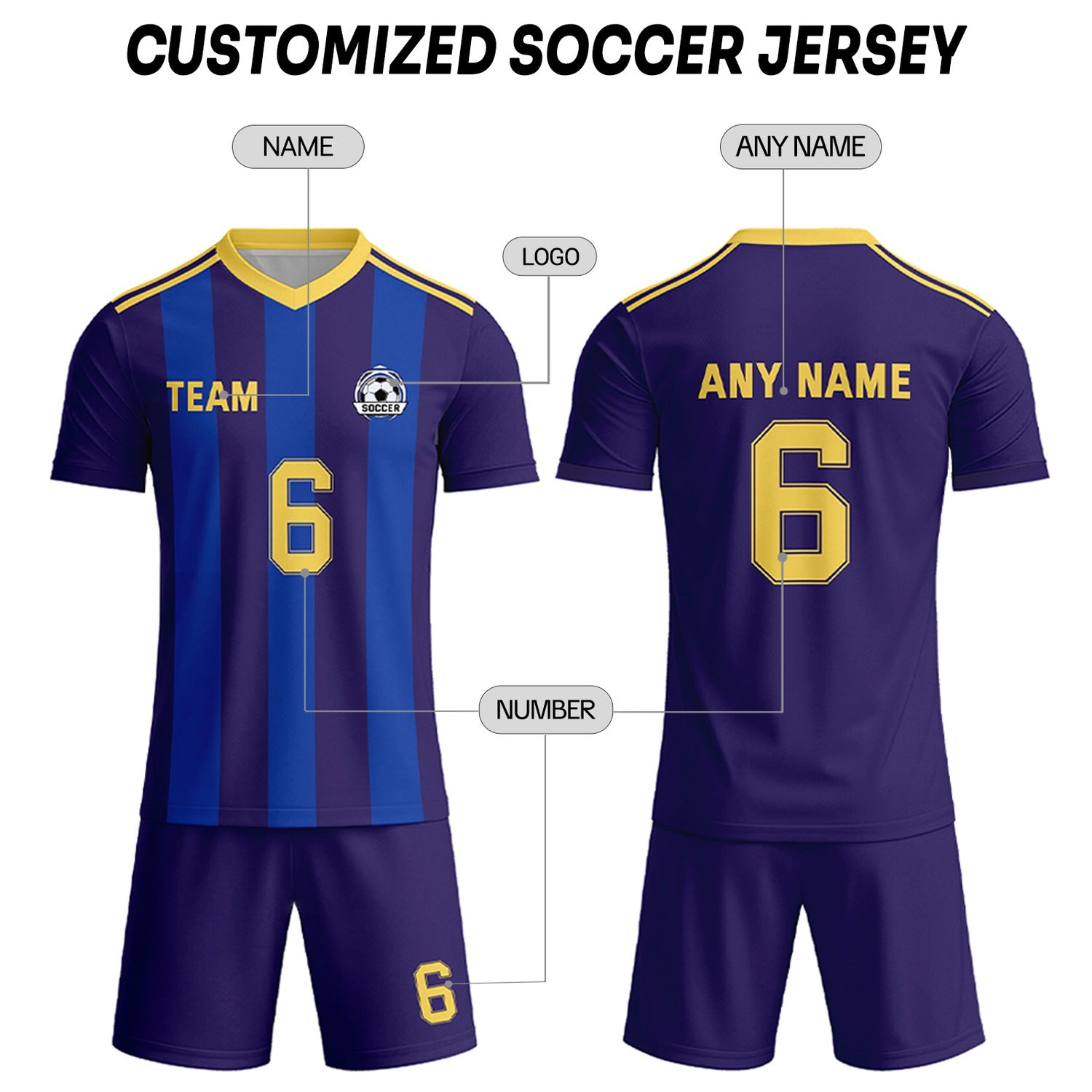Custom Deep Purple & Blue-Gold Striped Soccer Uniform Set for Teams & Individuals | Vosoli