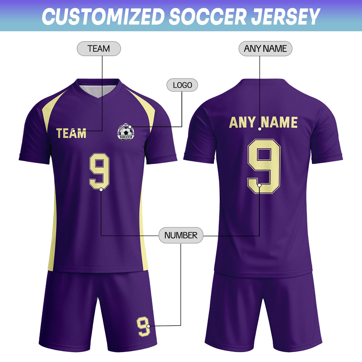 Custom Deep Purple & Gold Soccer Uniform Set - Personalized Team Name & Number | Vosoli