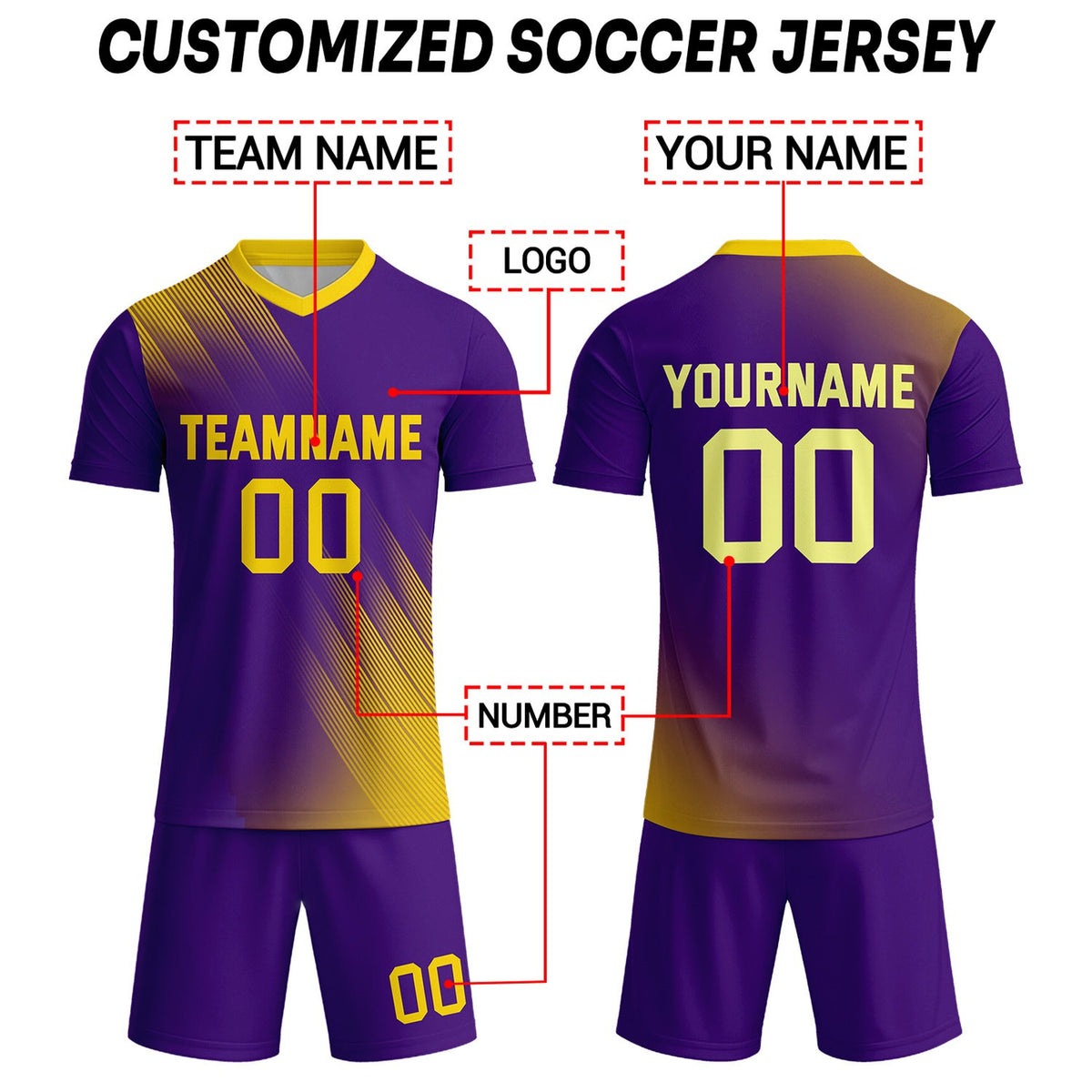 Custom Deep Purple & Gold Stripe Soccer Uniform Set for Teams & Individuals | Vosoli
