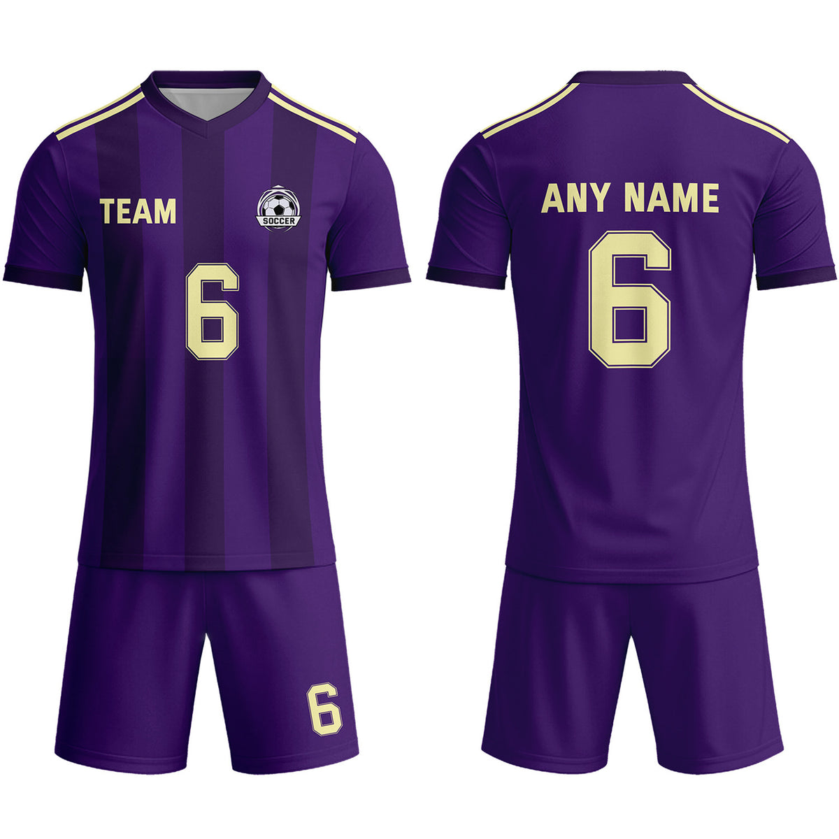 Custom Deep Purple &amp; Gold Striped Soccer Uniform Set for Teams &amp; Individuals | Vosoli