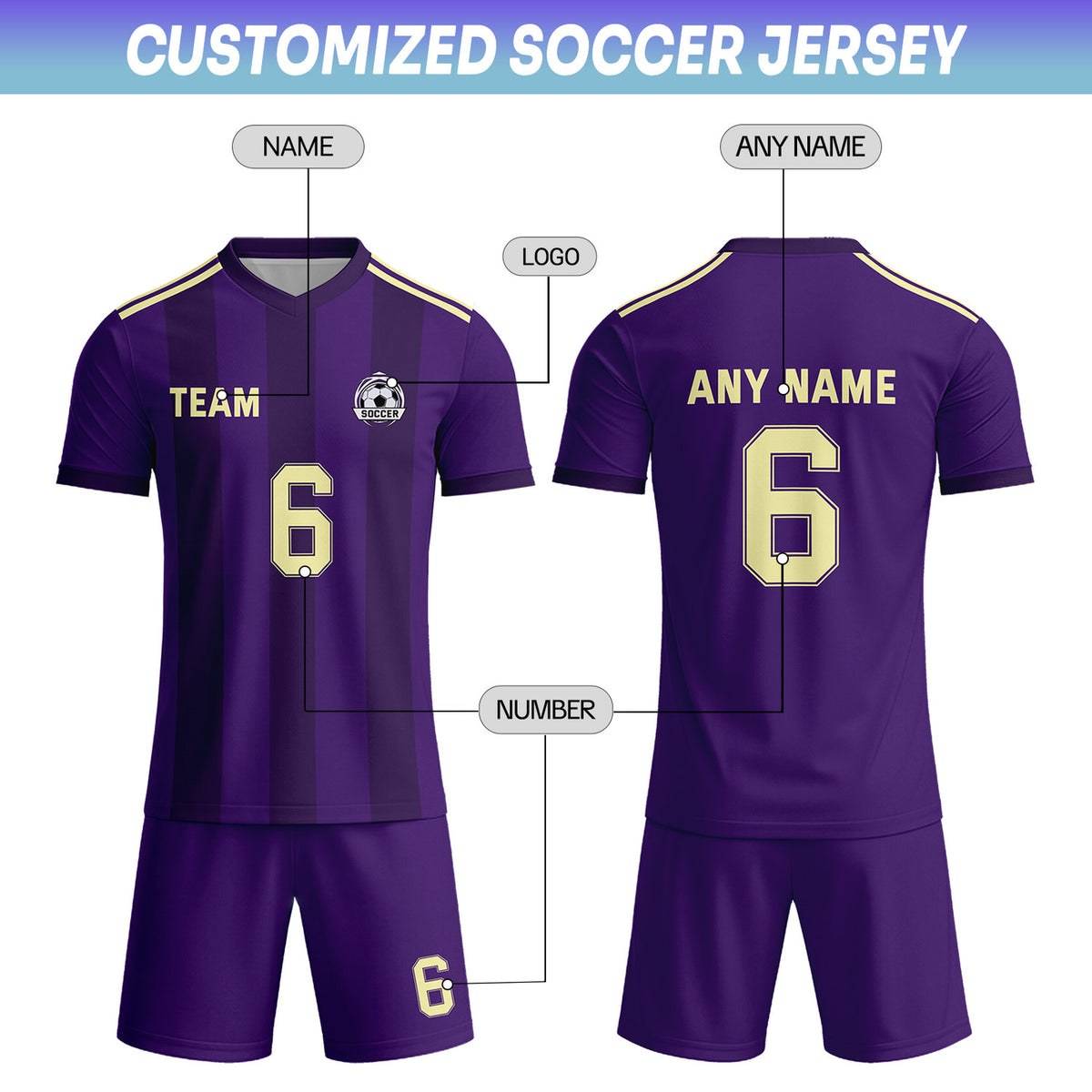 Custom Deep Purple & Gold Striped Soccer Uniform Set for Teams & Individuals | Vosoli