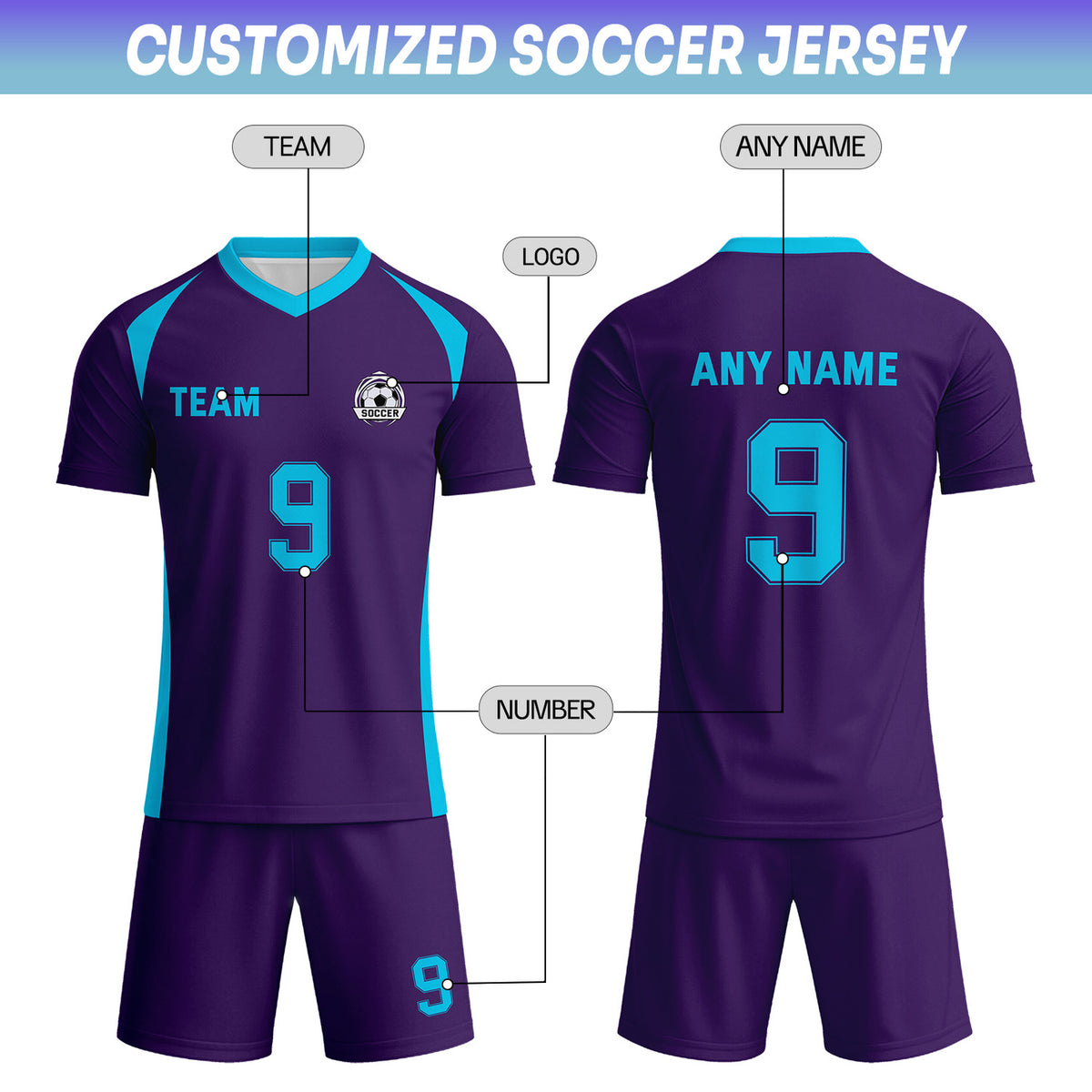 Custom Deep Purple & Turquoise Soccer Uniform Set - Personalized Team Name & Number | Vosoli