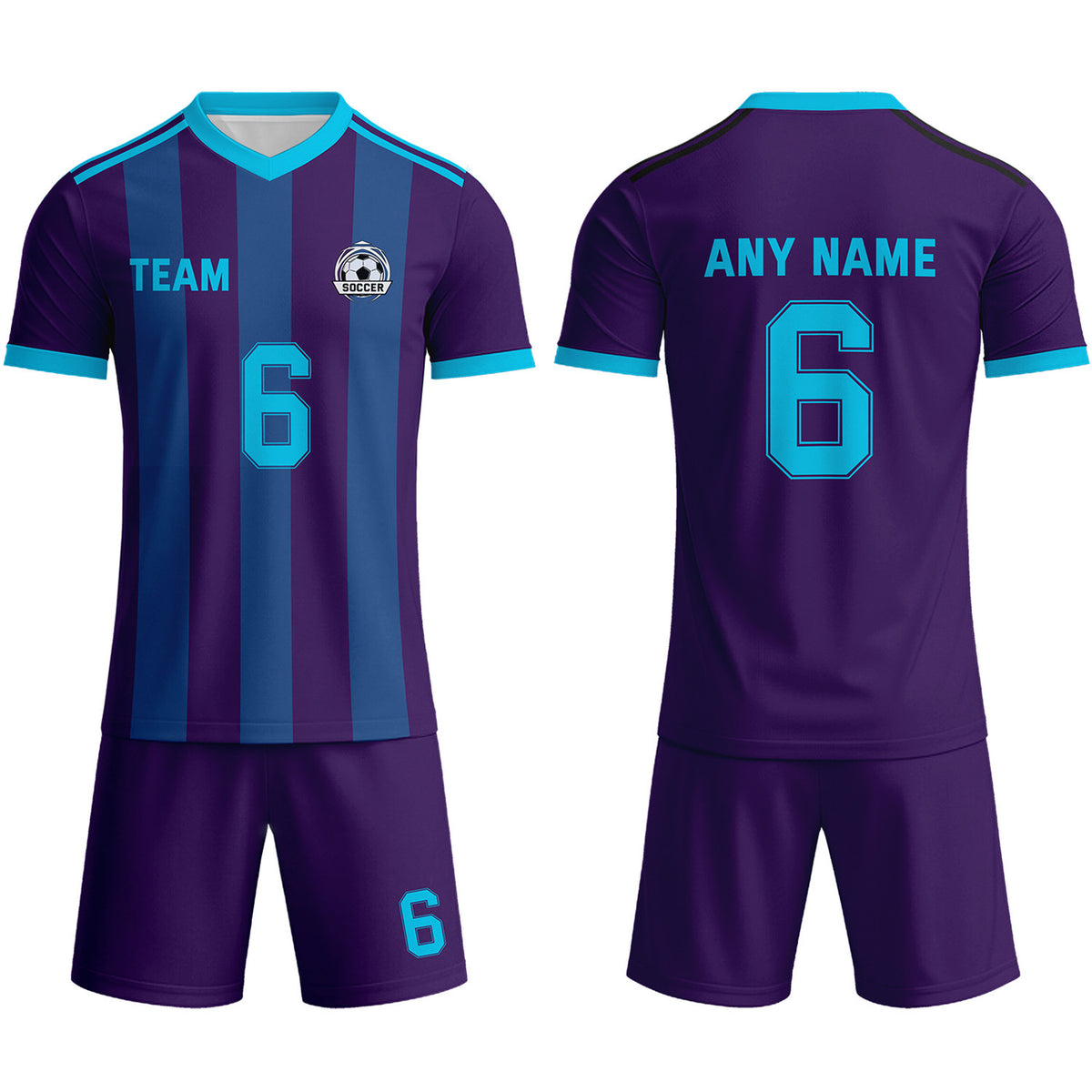 Custom Deep Purple &amp; Turquoise Striped Soccer Uniform Set for Teams &amp; Individuals | Vosoli