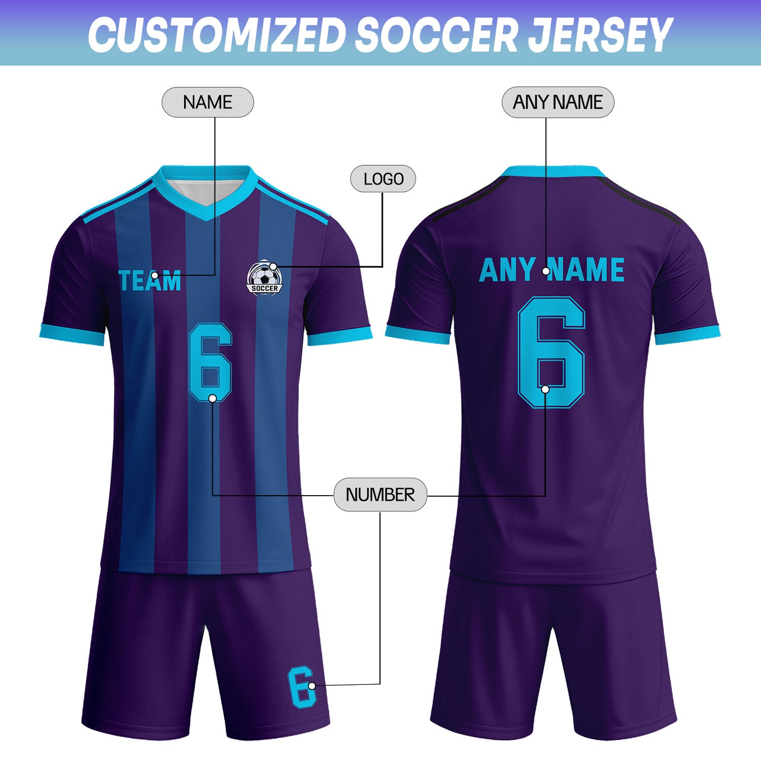 Custom Deep Purple & Turquoise Striped Soccer Uniform Set for Teams & Individuals | Vosoli