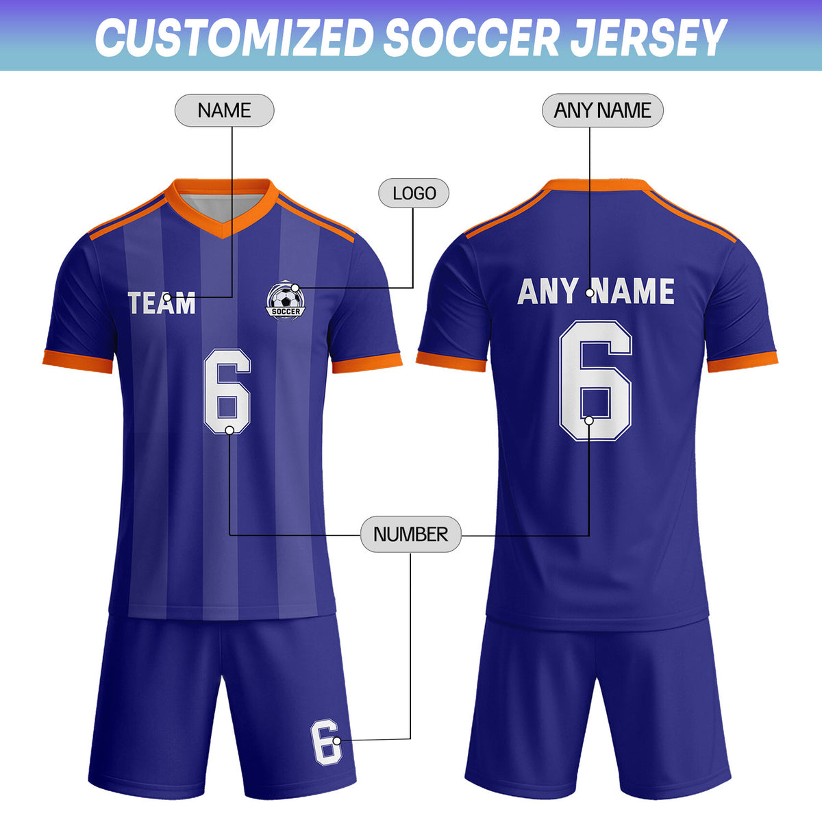 Custom Deep Purple & White-Orange Striped Soccer Uniform Set for Teams & Individuals | Vosoli