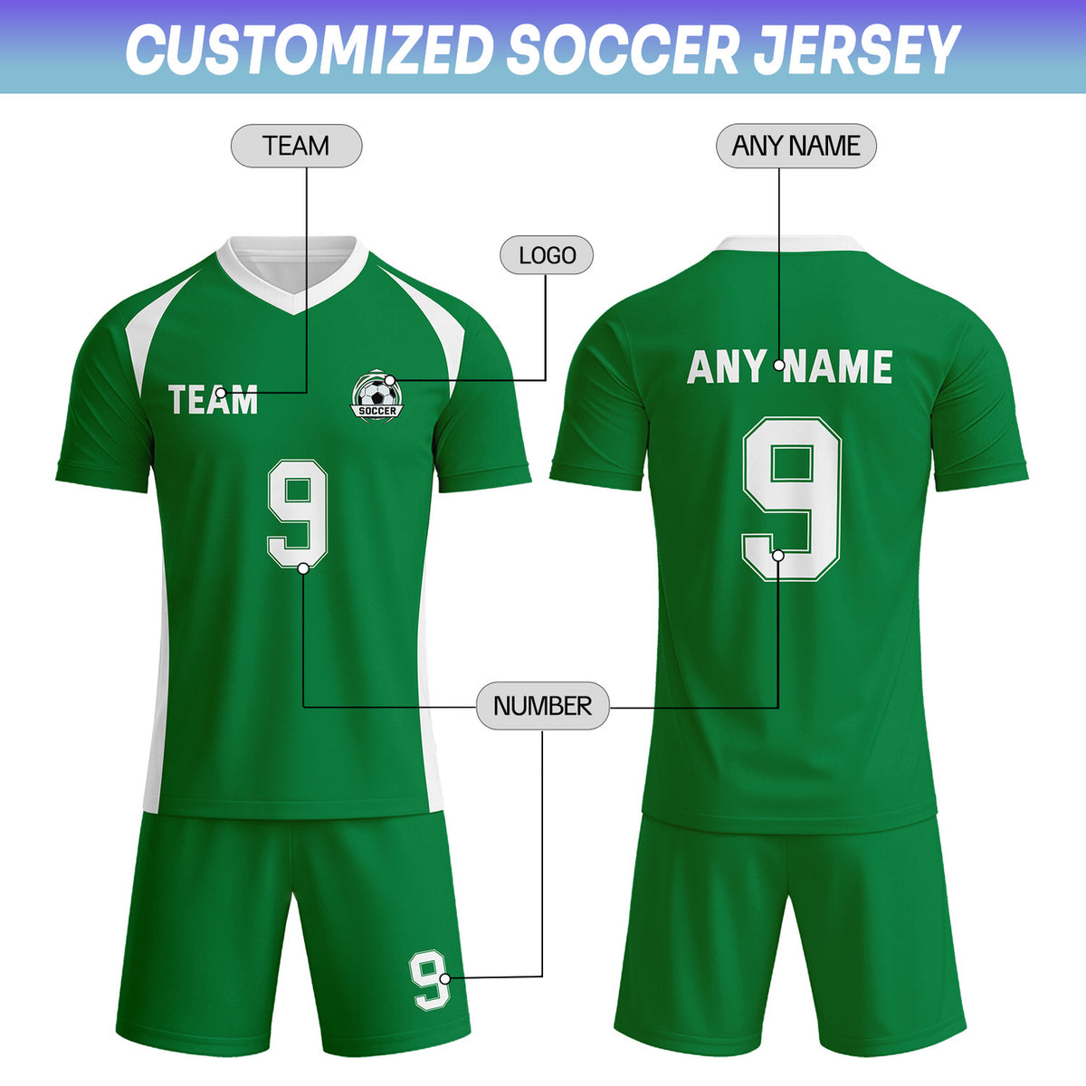 Custom Emerald Green & White Soccer Uniform Set - Personalized Team Name & Number | Vosoli