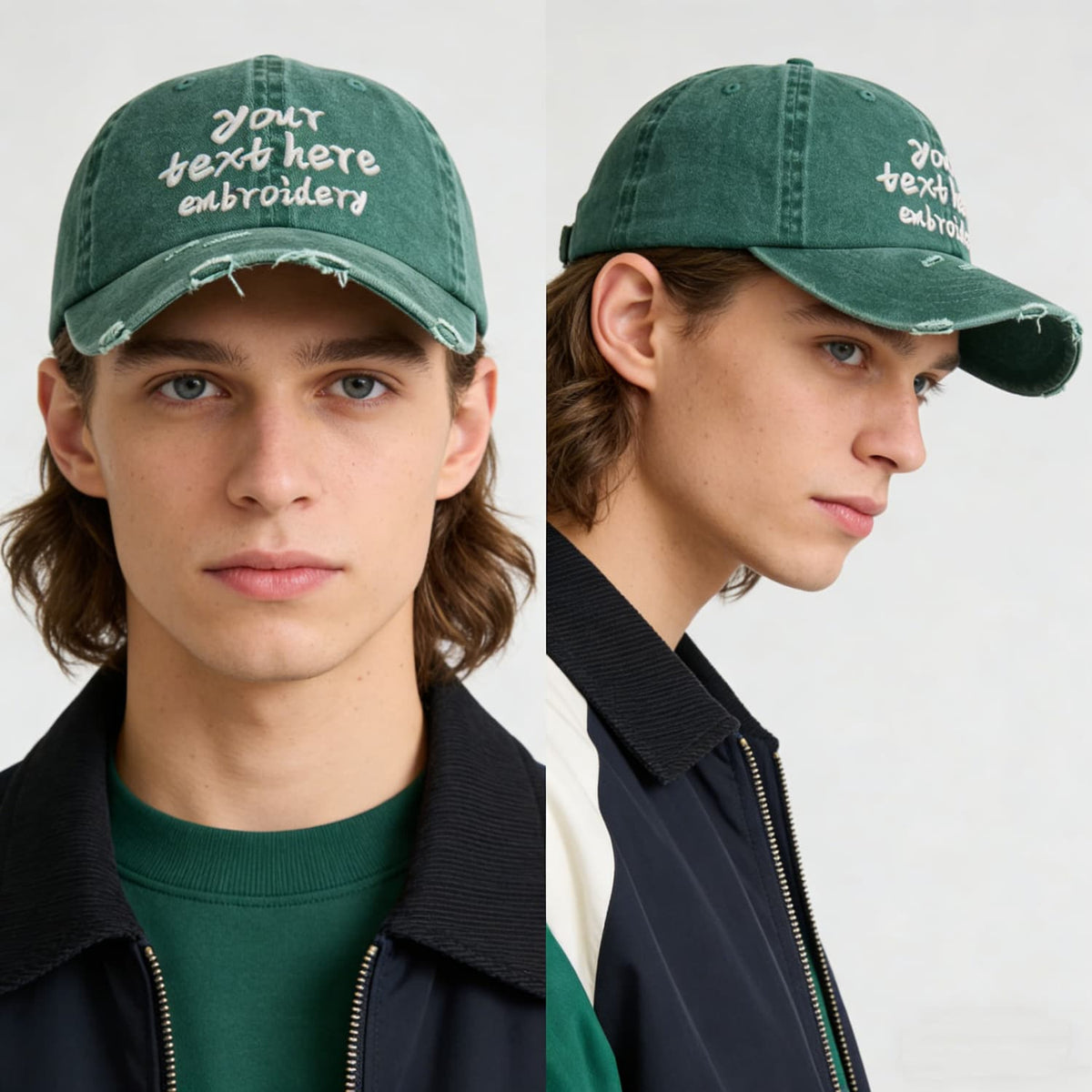 Vosoli Forest Green Distressed Denim Baseball Cap - Team Custom Embroider or Print Personalized Hat