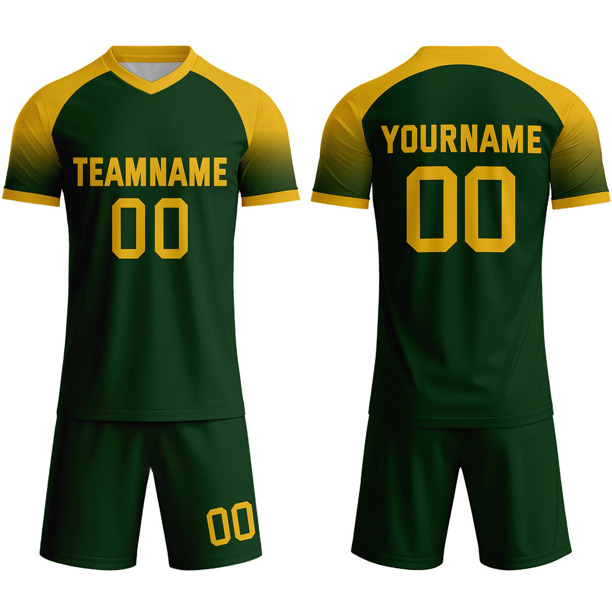 Custom Forest Green &amp; Gold Raglan Sleeve Soccer Uniform Set for Teams &amp; Individuals | Vosoli