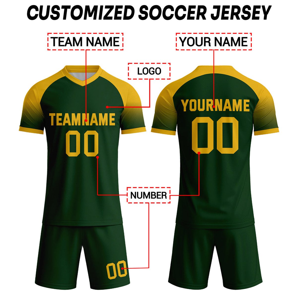 Custom Forest Green & Gold Raglan Sleeve Soccer Uniform Set for Teams & Individuals | Vosoli