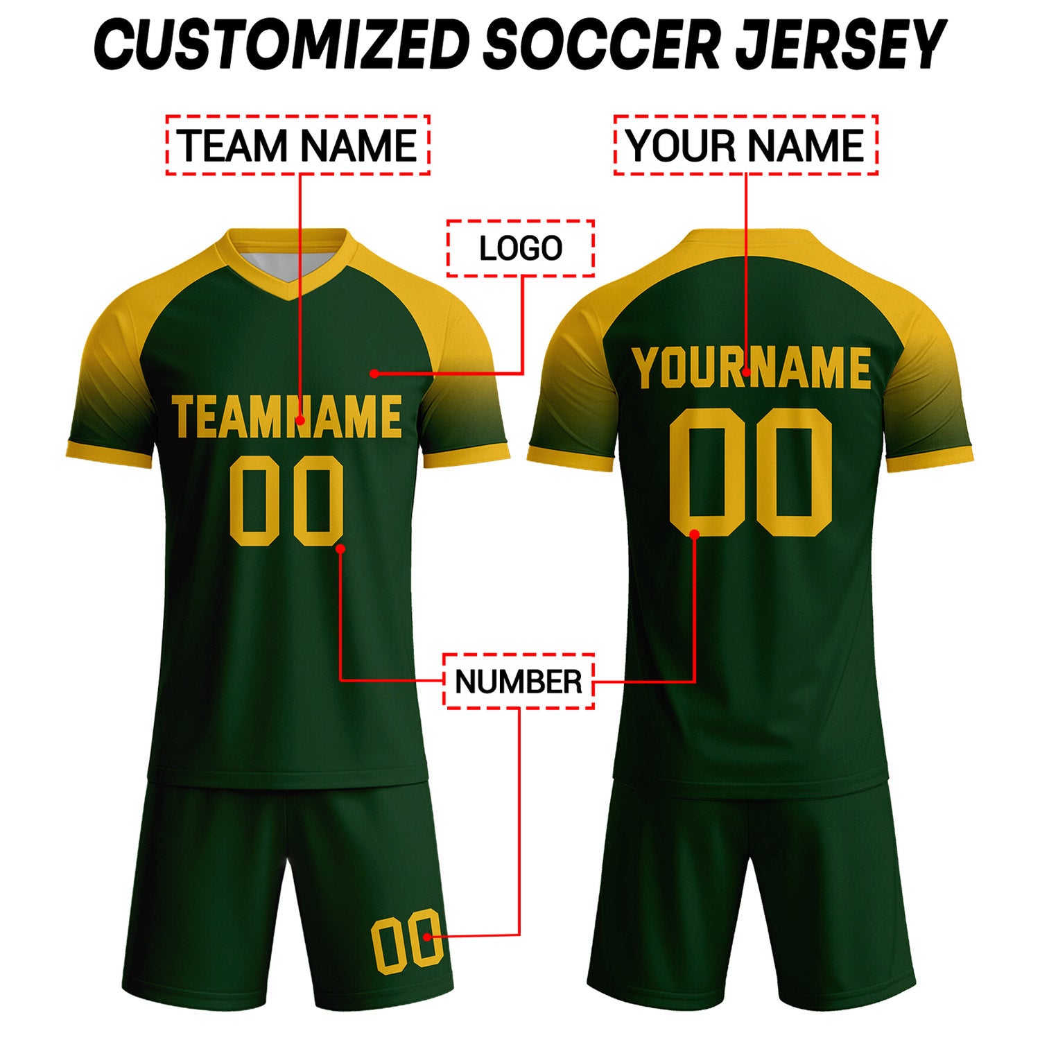 Custom Forest Green & Gold Raglan Sleeve Soccer Uniform Set for Teams & Individuals | Vosoli