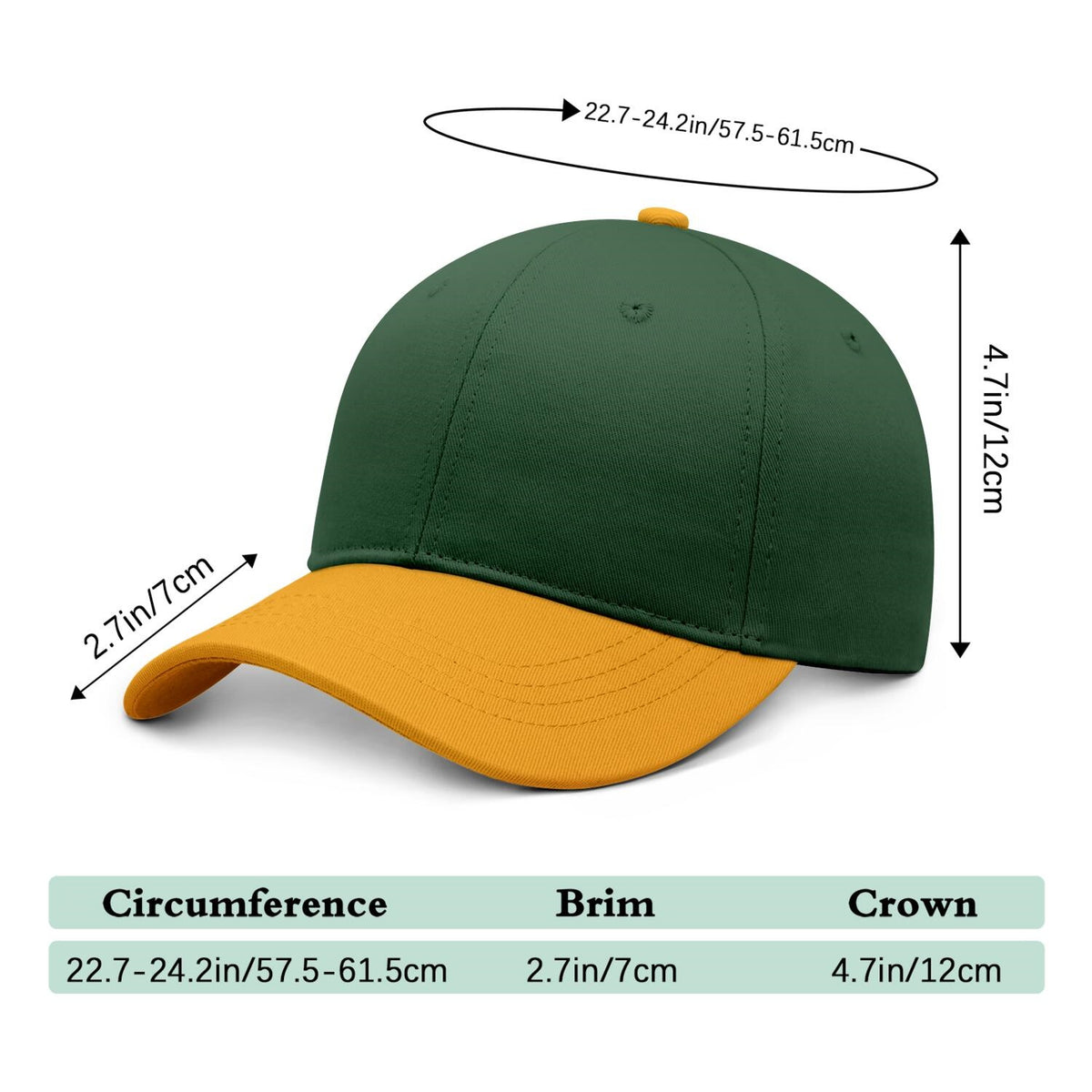 Vosoli Forest Green Gold Two-Tone Baseball Cap - Unisex Custom 3D Embroidery or Print