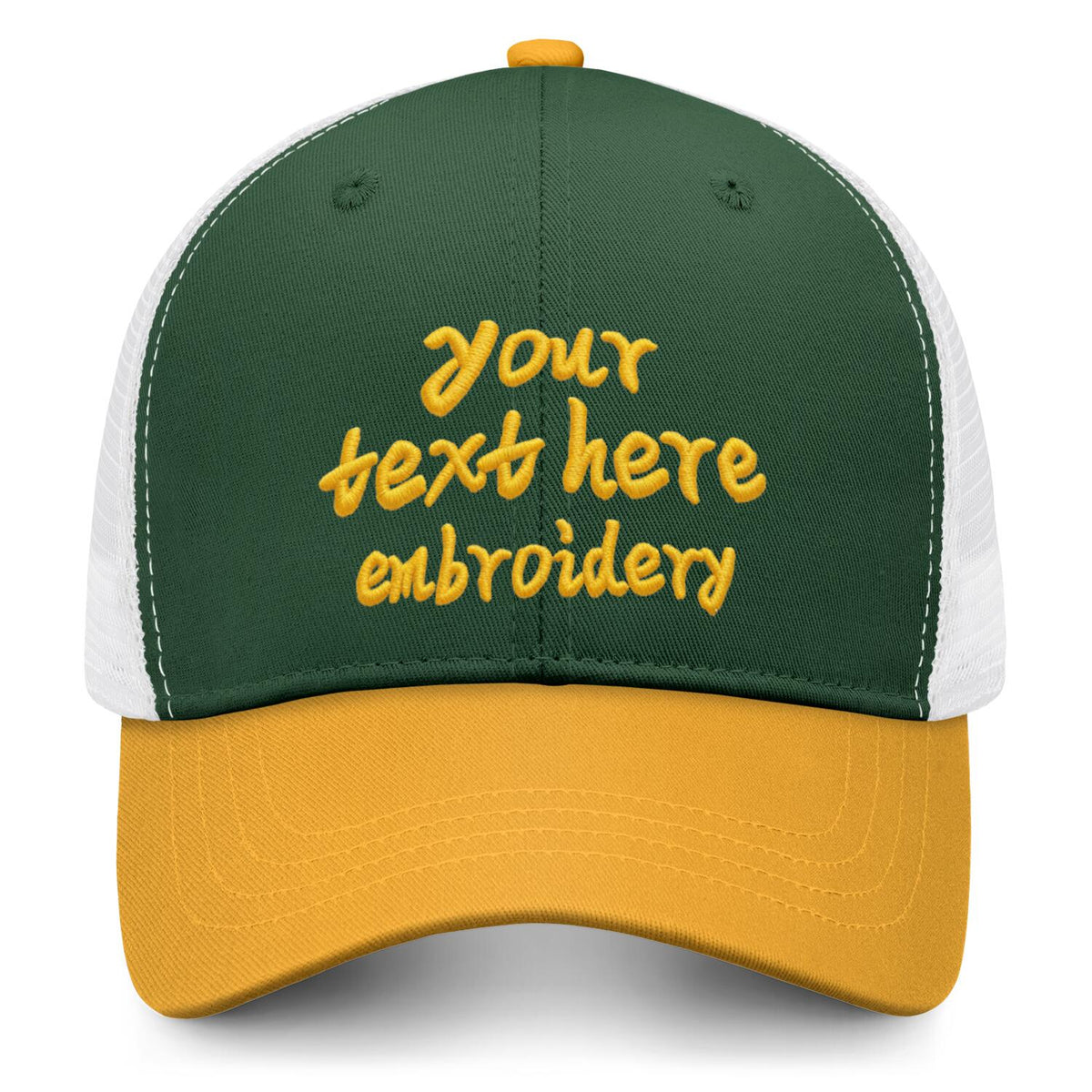 Vosoli Forest Green & Gold Two-Tone Baseball Trucker Hat - Unisex Custom 3D Embroidery or Print