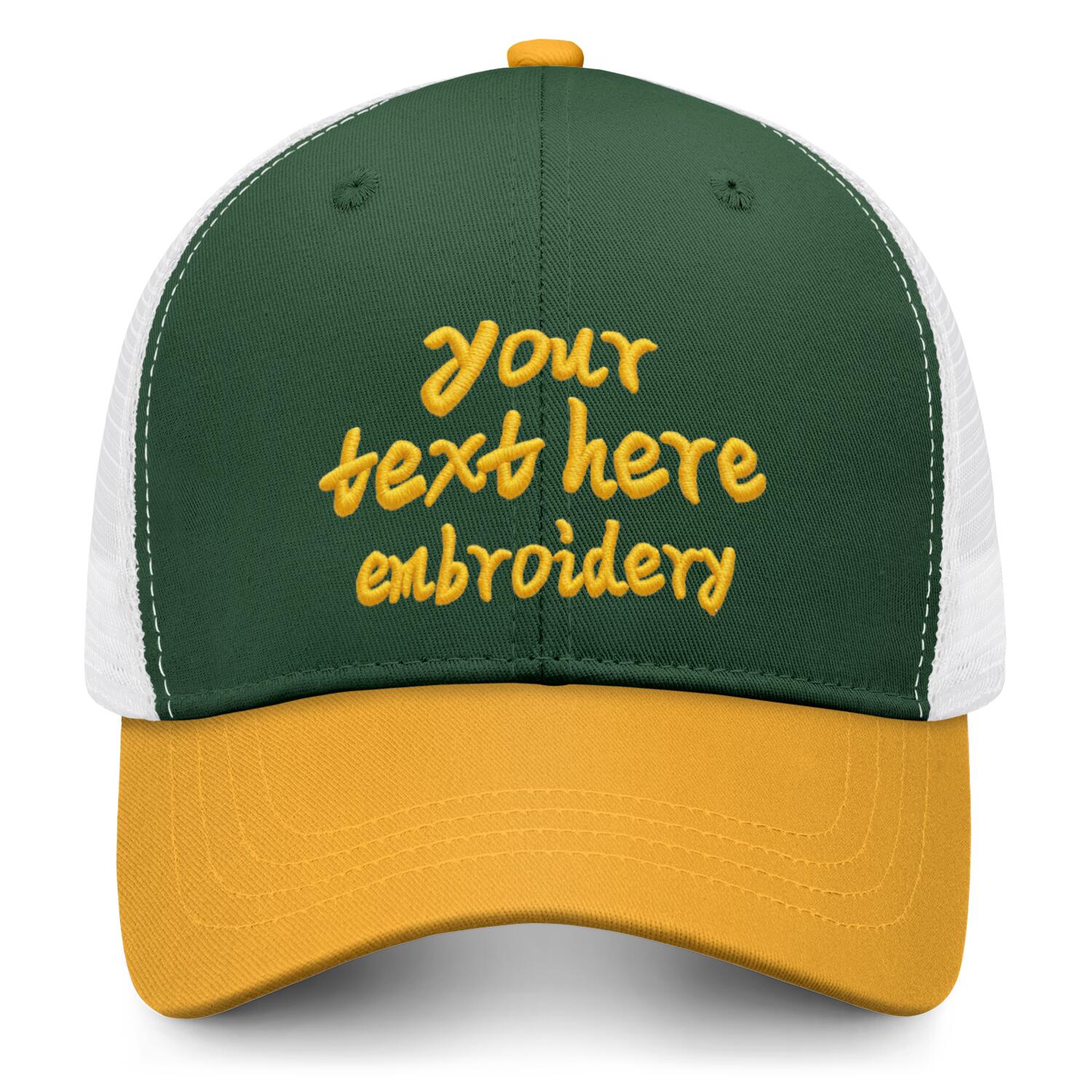 Vosoli Forest Green & Gold Two-Tone Baseball Trucker Hat - Unisex Custom 3D Embroidery or Print