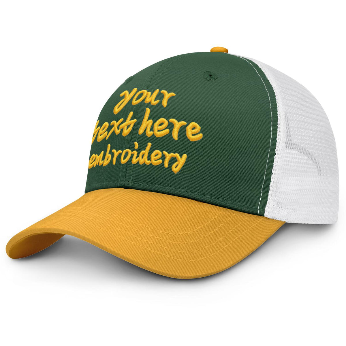 Vosoli Forest Green & Gold Two-Tone Baseball Trucker Hat - Unisex Custom 3D Embroidery or Print