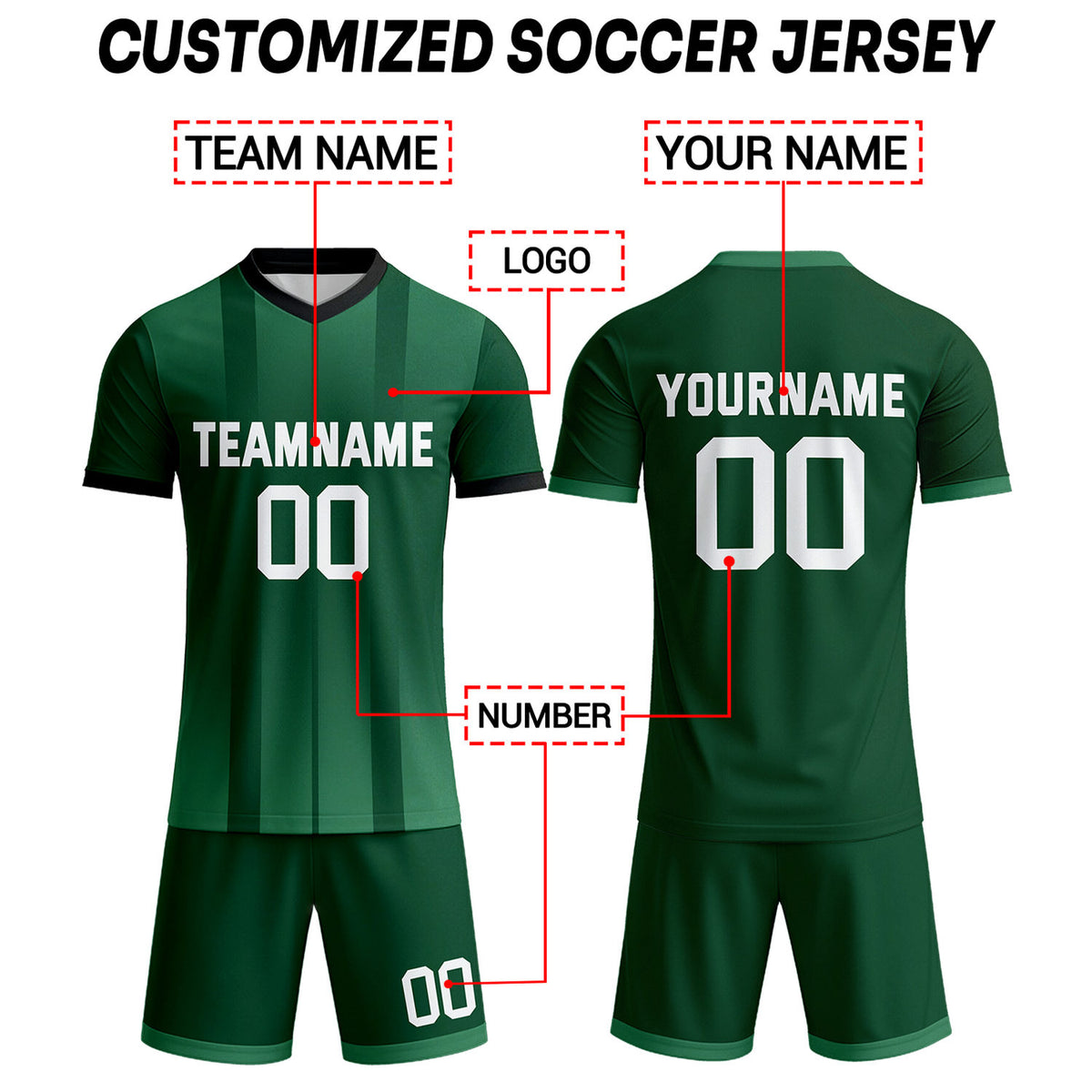 Custom Forest Green Stripe Soccer Uniform Set for Teams & Individuals | Vosoli