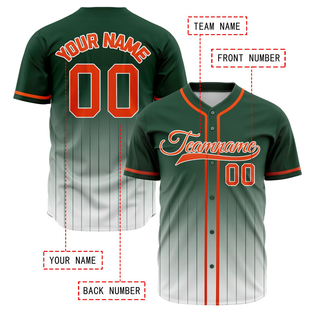VOSOLI Victory Forest Green & Orange Gradient Pinstripe Baseball Jersey