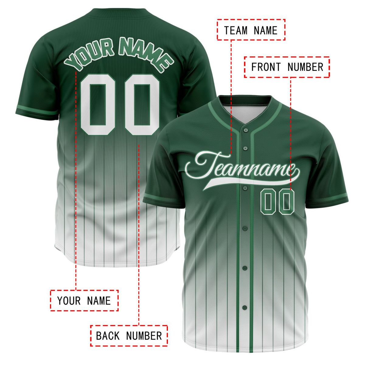 VOSOLI Classic Forest Green & White Gradient Pinstripe Baseball Jersey