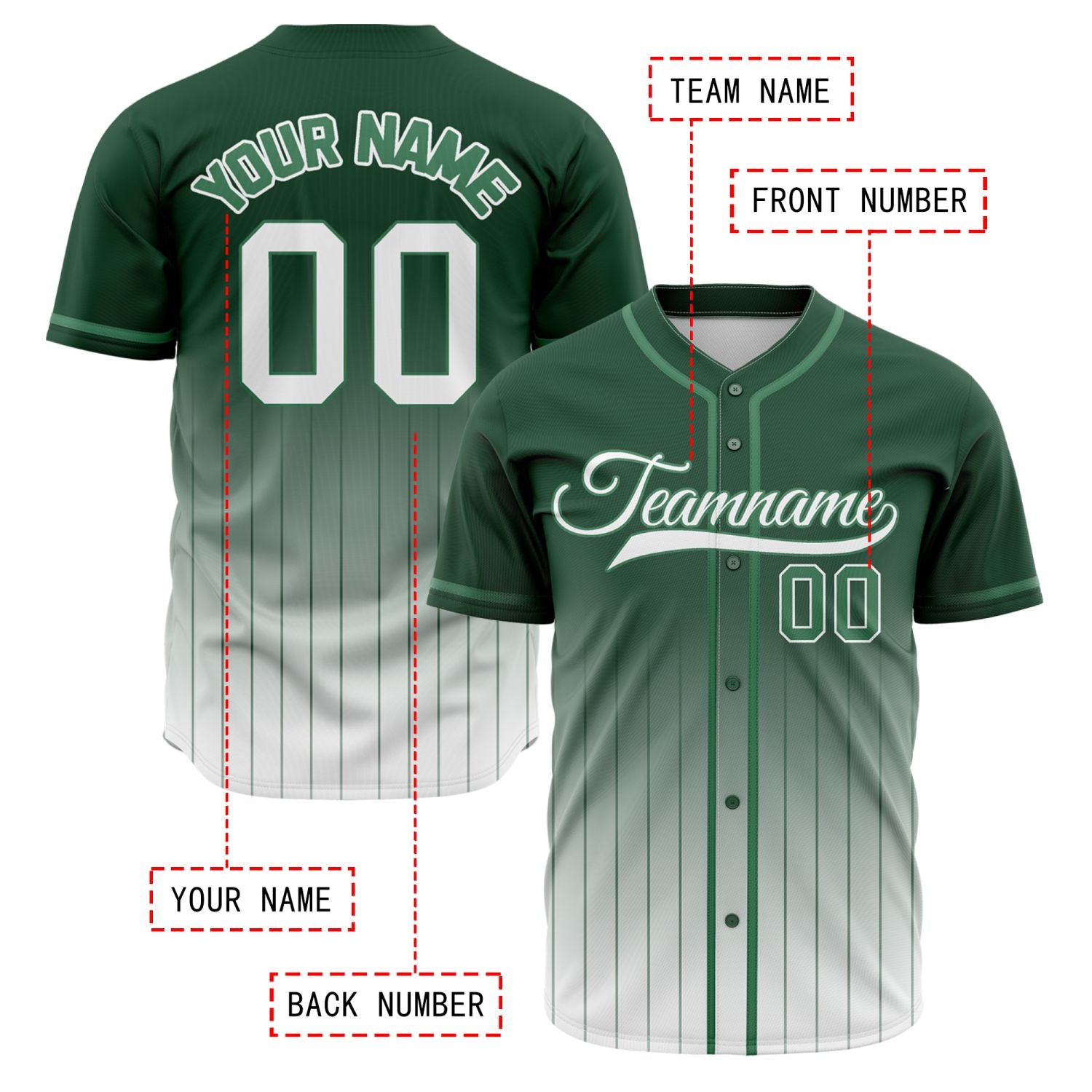 VOSOLI Classic Forest Green & White Gradient Pinstripe Baseball Jersey