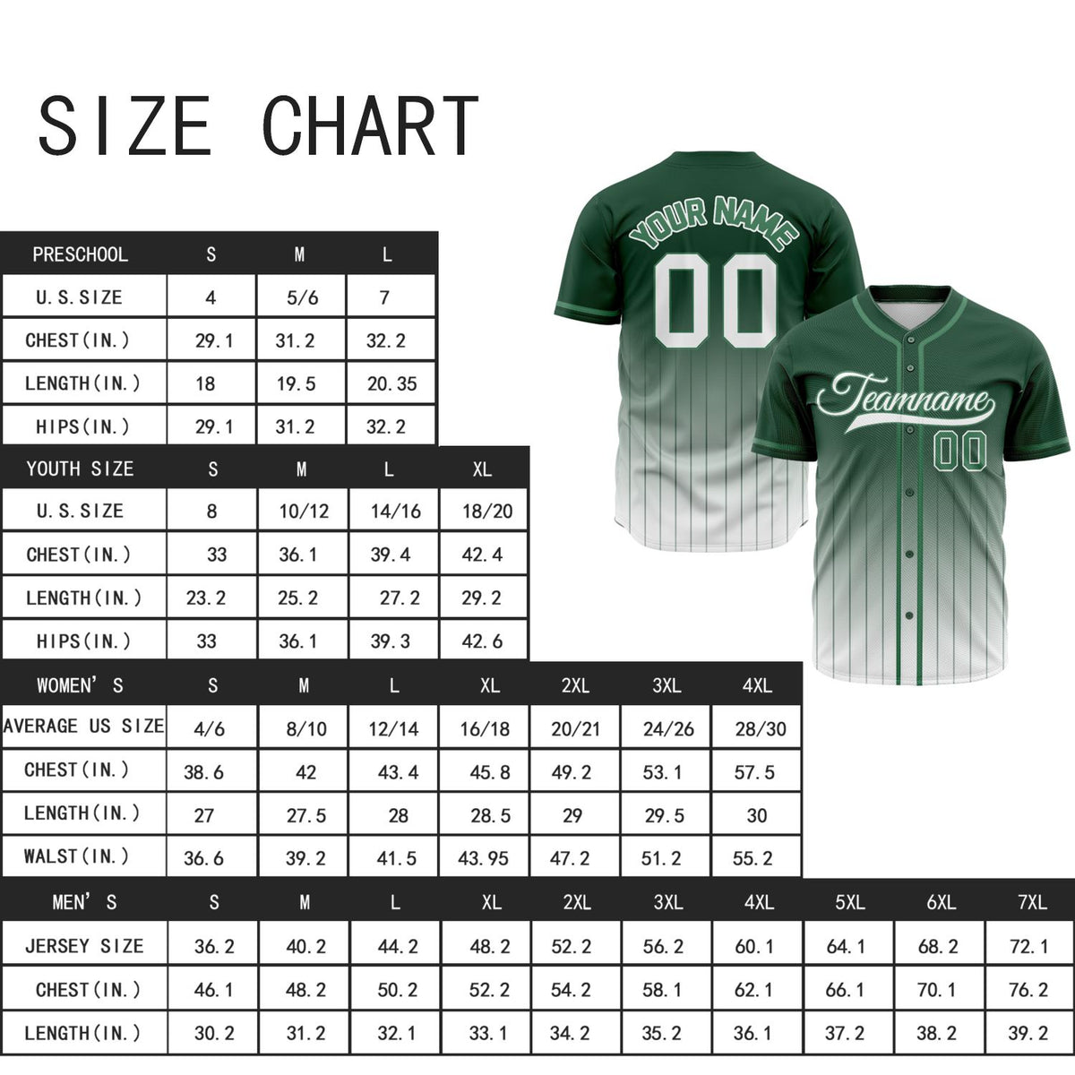 VOSOLI Classic Forest Green & White Gradient Pinstripe Baseball Jersey
