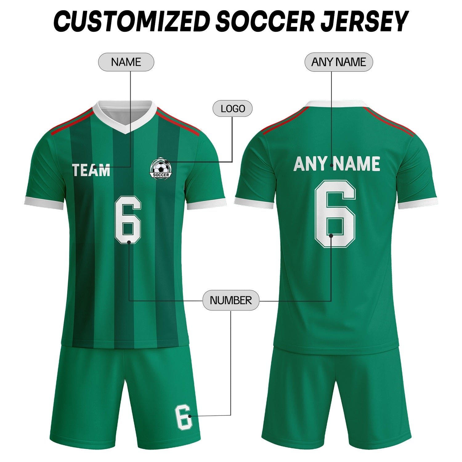 Custom Forest Green & White-Red Striped Soccer Uniform Set for Teams & Individuals | Vosoli