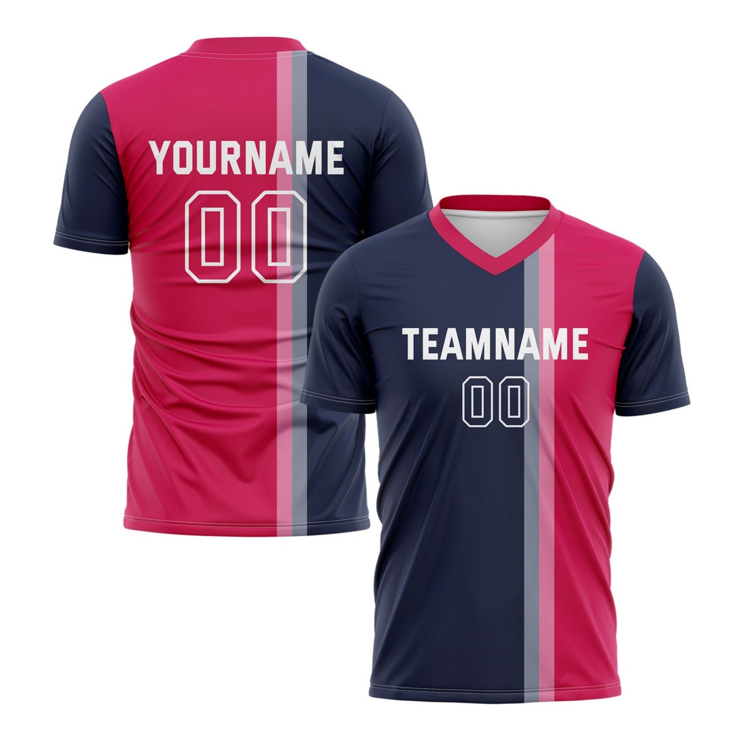 Custom Fuchsia & Navy Split Stripe Soccer Jersey for Teams & Individuals | Vosoli