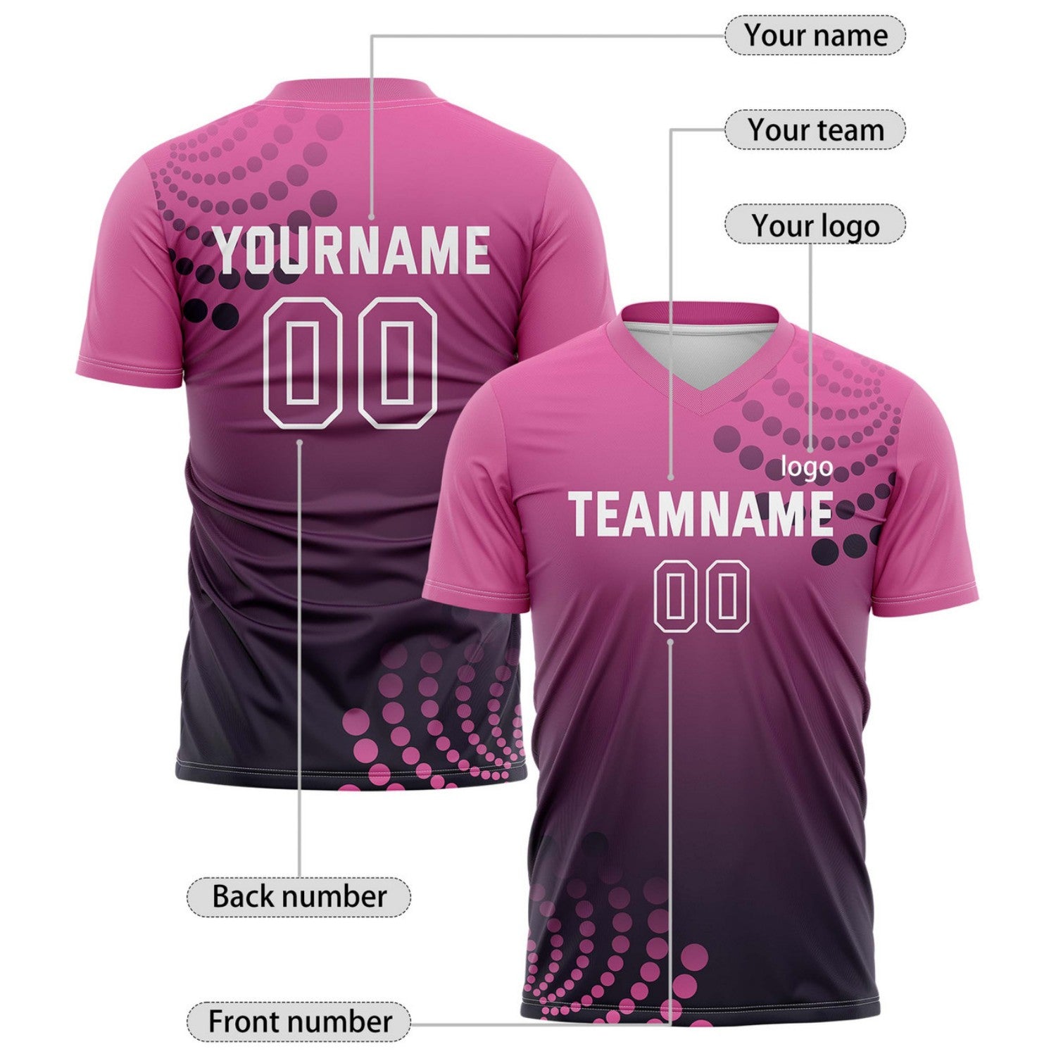 Custom Fuchsia & Purple Dot Pattern Ombre Soccer Jersey for Teams & Individuals | Vosoli