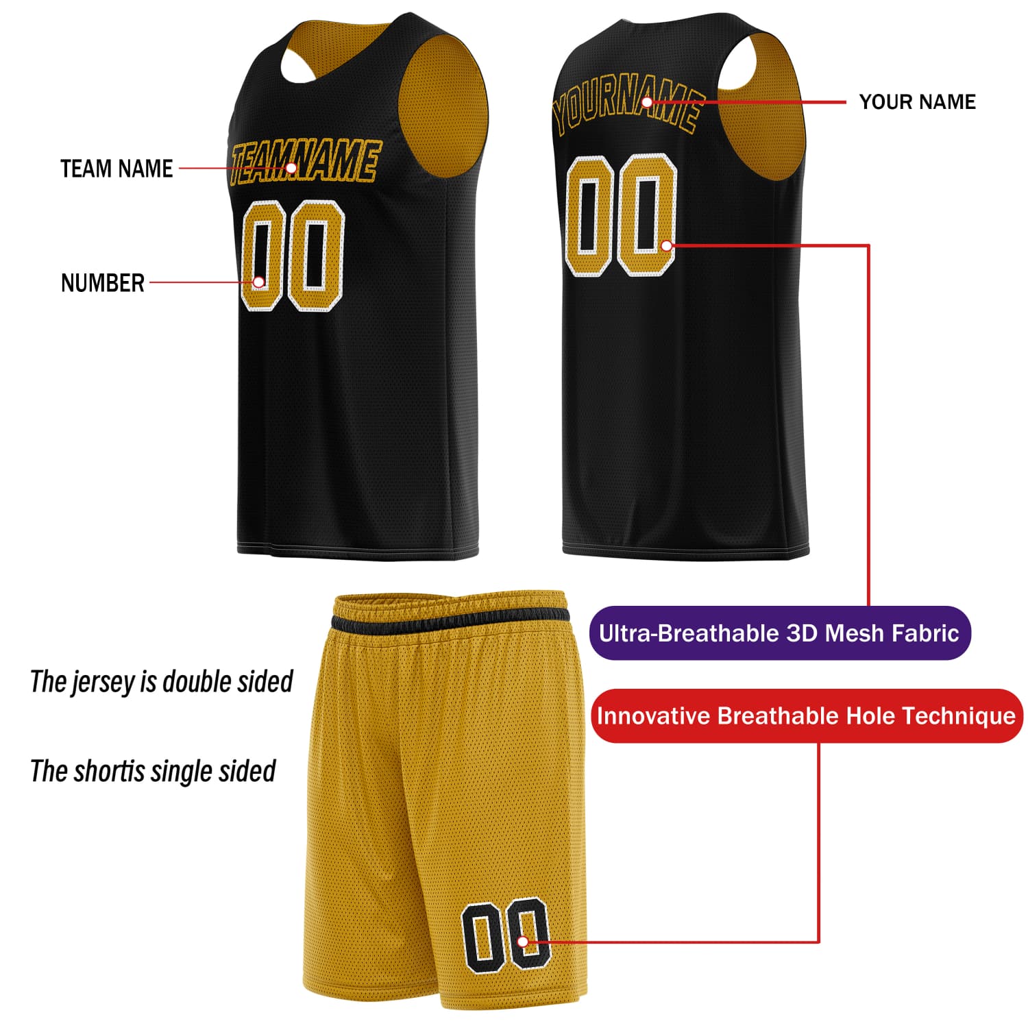 Custom Reversible Basketball Jersey & Shorts Set for Individuals & Teams – Gold Black | Vosoli
