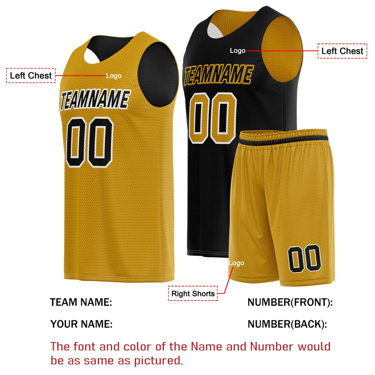 Custom Reversible Basketball Jersey & Shorts Set for Individuals & Teams – Gold Black | Vosoli