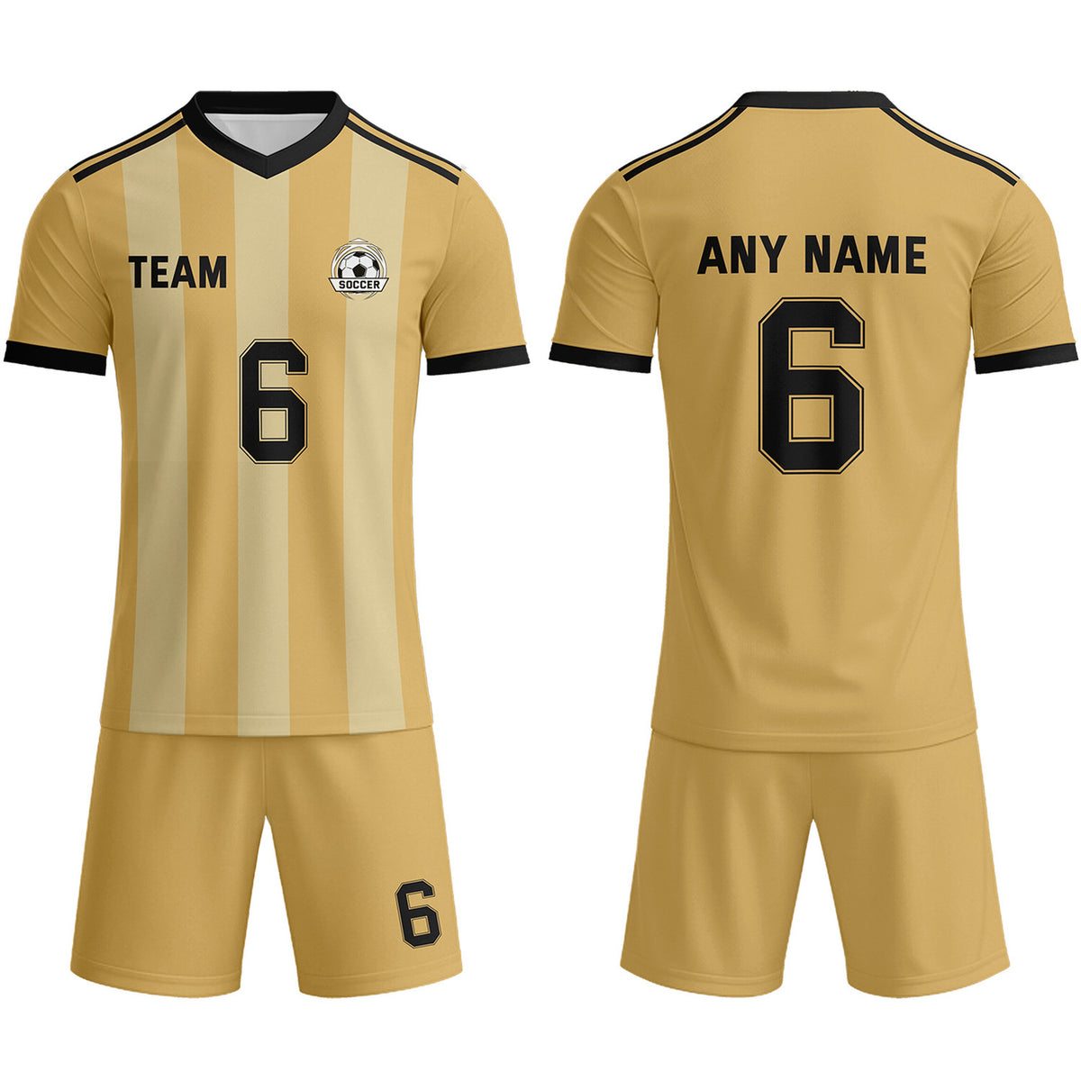 Custom Team Gold Cream-Black Striped Soccer Uniform Set | Vosoli