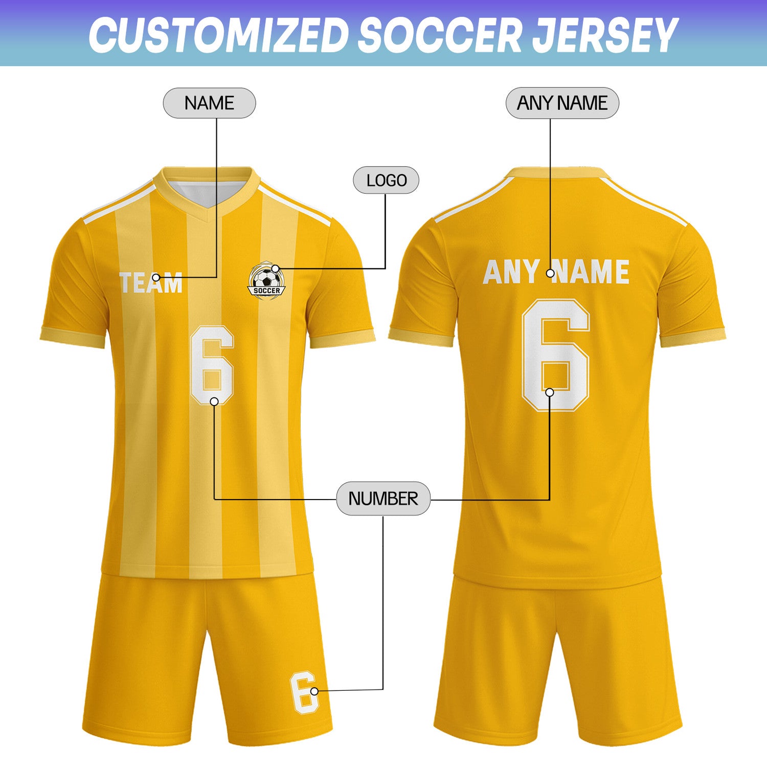 Custom Gold & Cream-White Striped Soccer Uniform Set for Teams & Individuals | Vosoli