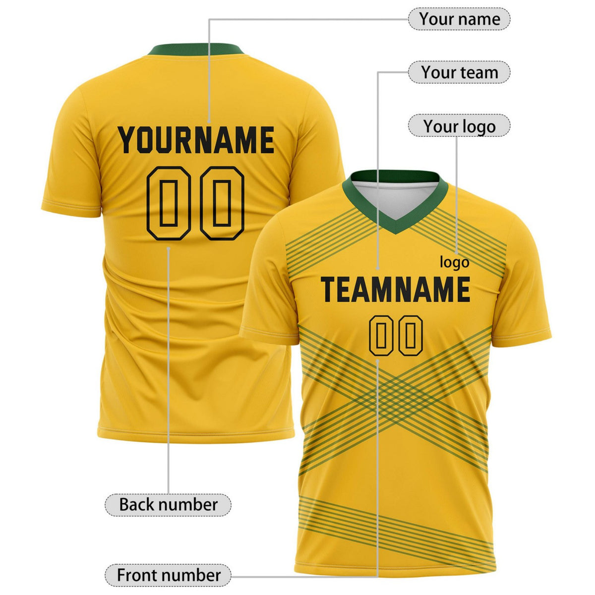 Custom Gold & Green Cross Stripe Soccer Jersey for Teams & Individuals | Vosoli