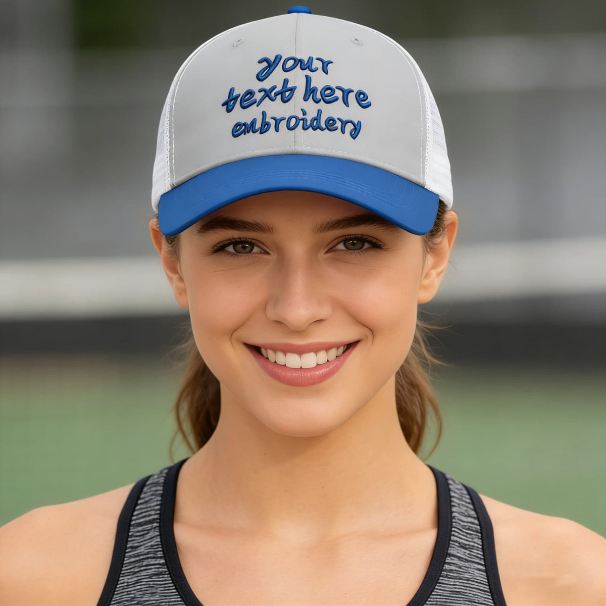 Vosoli Light Gray &amp; Royal Blue Two-Tone Baseball Trucker Hat - Unisex Custom 3D Embroidery or Print