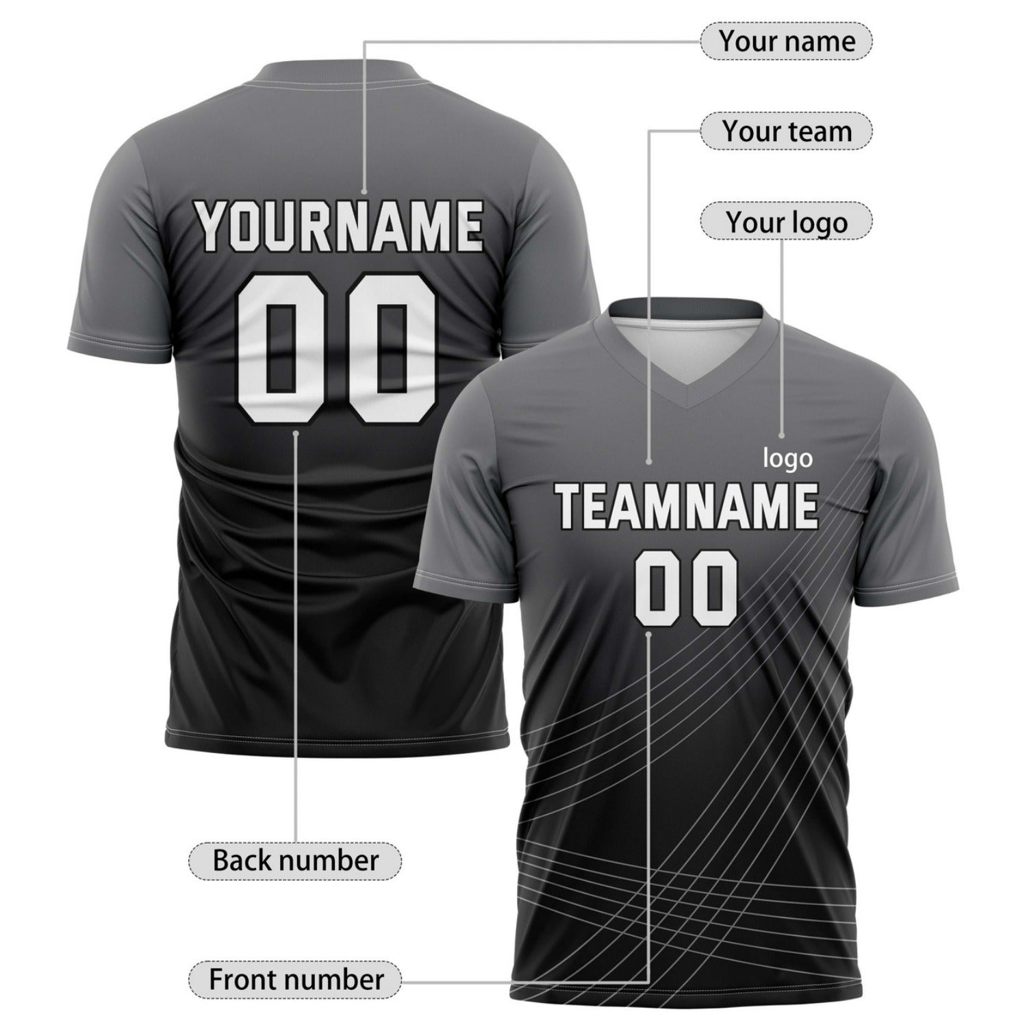 Custom Gray-to-Black Gradient Soccer Jersey - Personalized Team Name & Player Number for Leagues | Vosoli