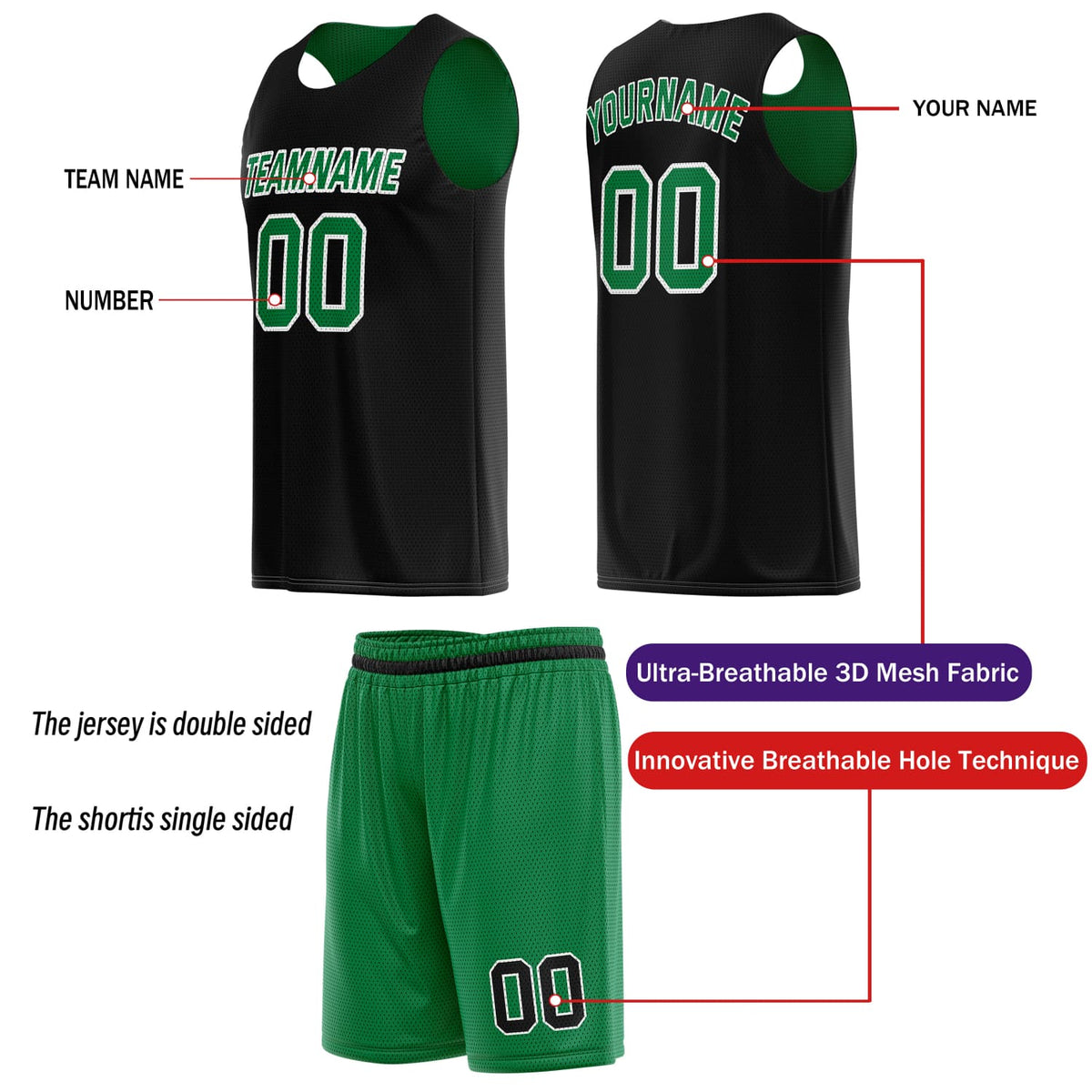 Custom Reversible Basketball Jersey & Shorts Set for Individuals & Teams – Green Black | Vosoli