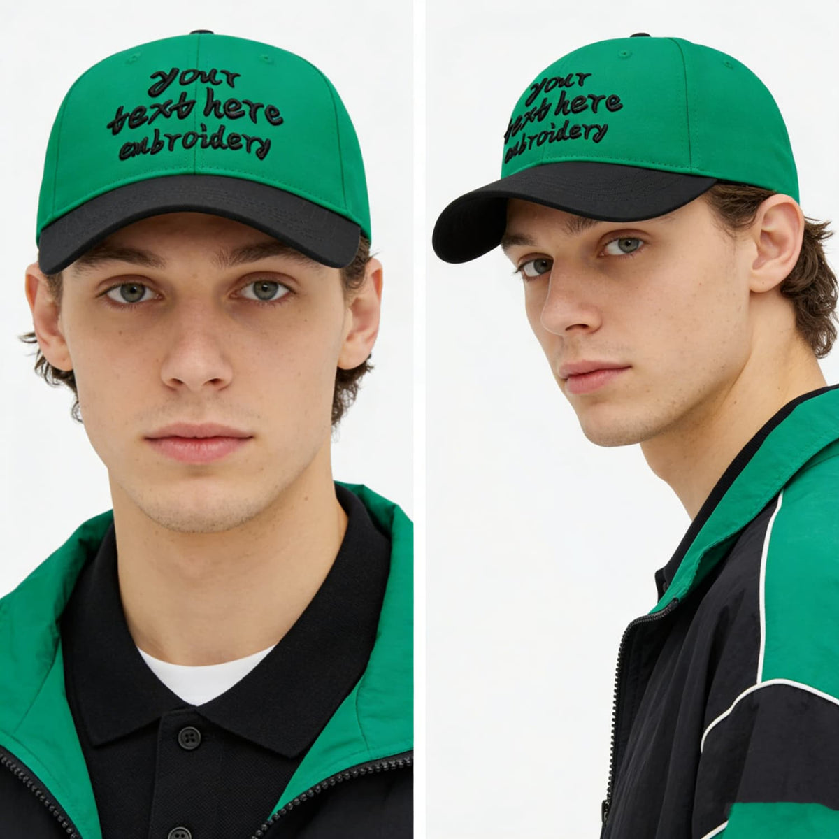 Vosoli Green Black Two-Tone Baseball Cap - Unisex Custom 3D Embroidery or Print