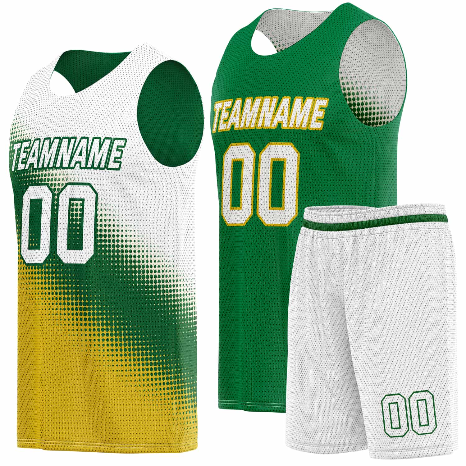 Custom Reversible Basketball Jersey & Shorts Set for Individuals & Teams – Green Gold White Dot Gradient | Vosoli