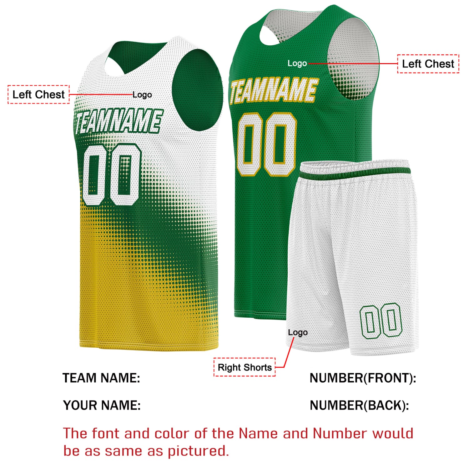Custom Reversible Basketball Jersey & Shorts Set for Individuals & Teams – Green Gold White Dot Gradient | Vosoli