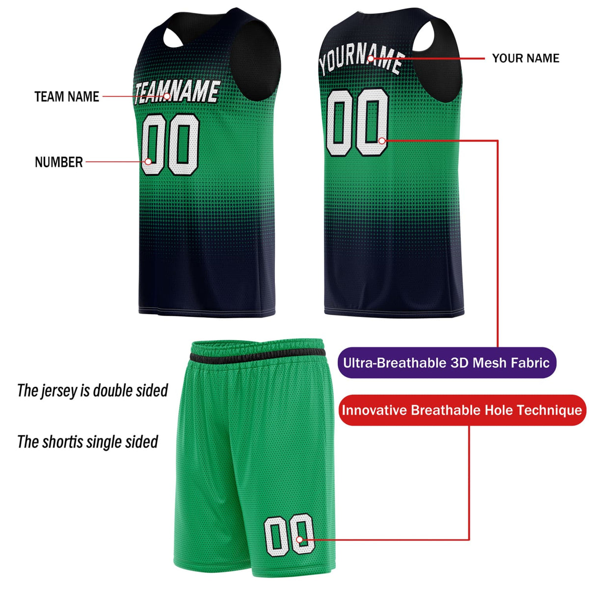 Custom Reversible Basketball Jersey & Shorts Set for Individuals & Teams – Green Navy Black White Dot Gradient | Vosoli